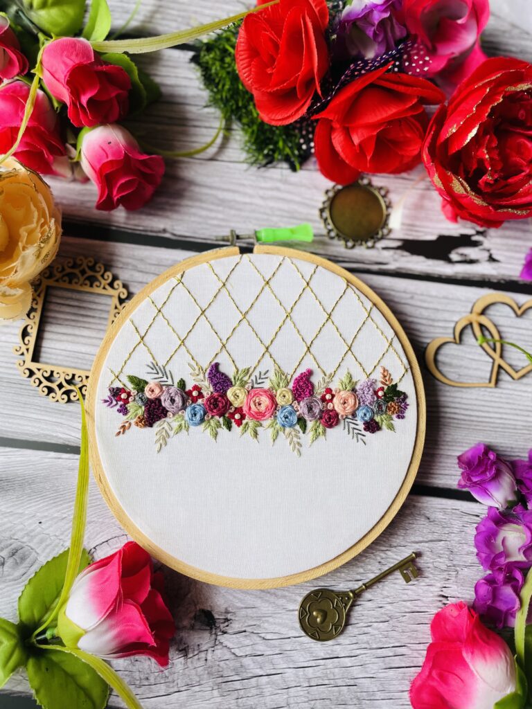 Oval Floral Embroidery Hoop Art with Stitched Lines – Catshy Crafts