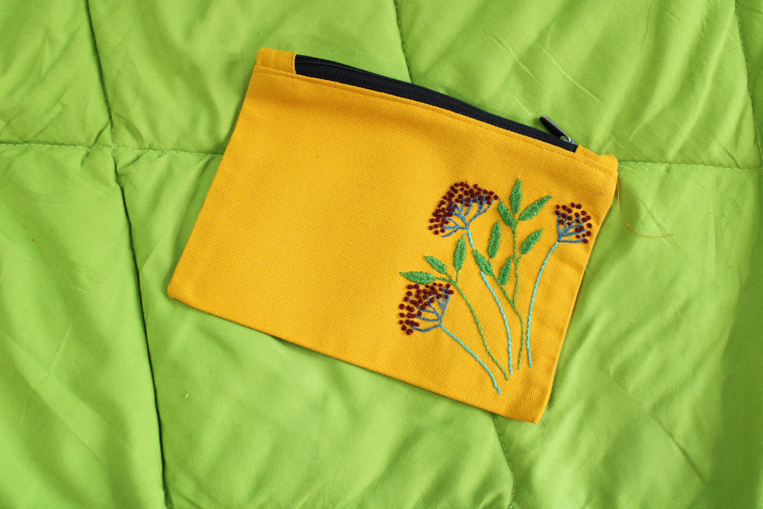 Hand Embroidered Makeup Pencil Pouch with Zipper(Mustard Yellow)