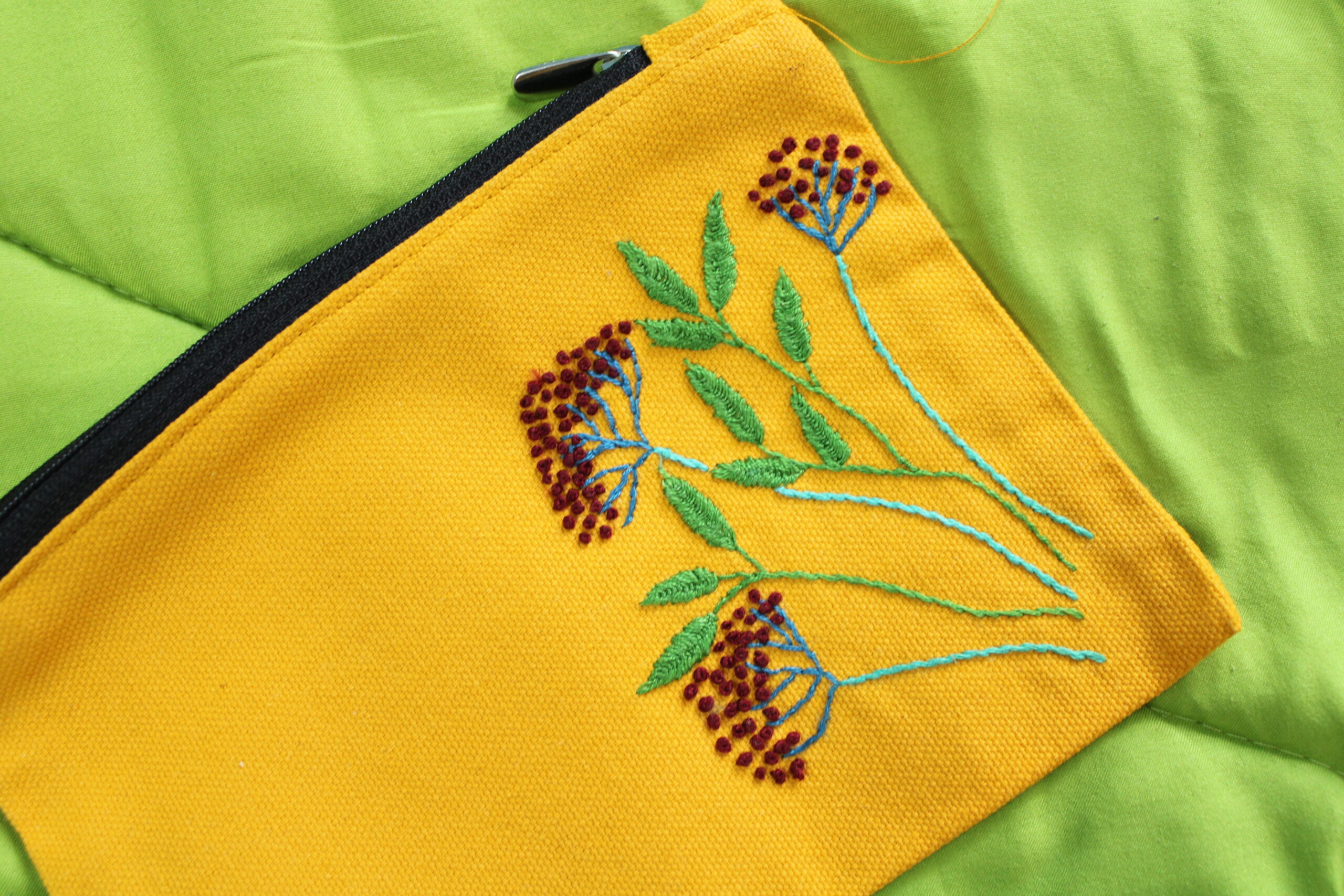 Hand Embroidered Makeup Pencil Pouch with Zipper(Mustard Yellow) - Image 2