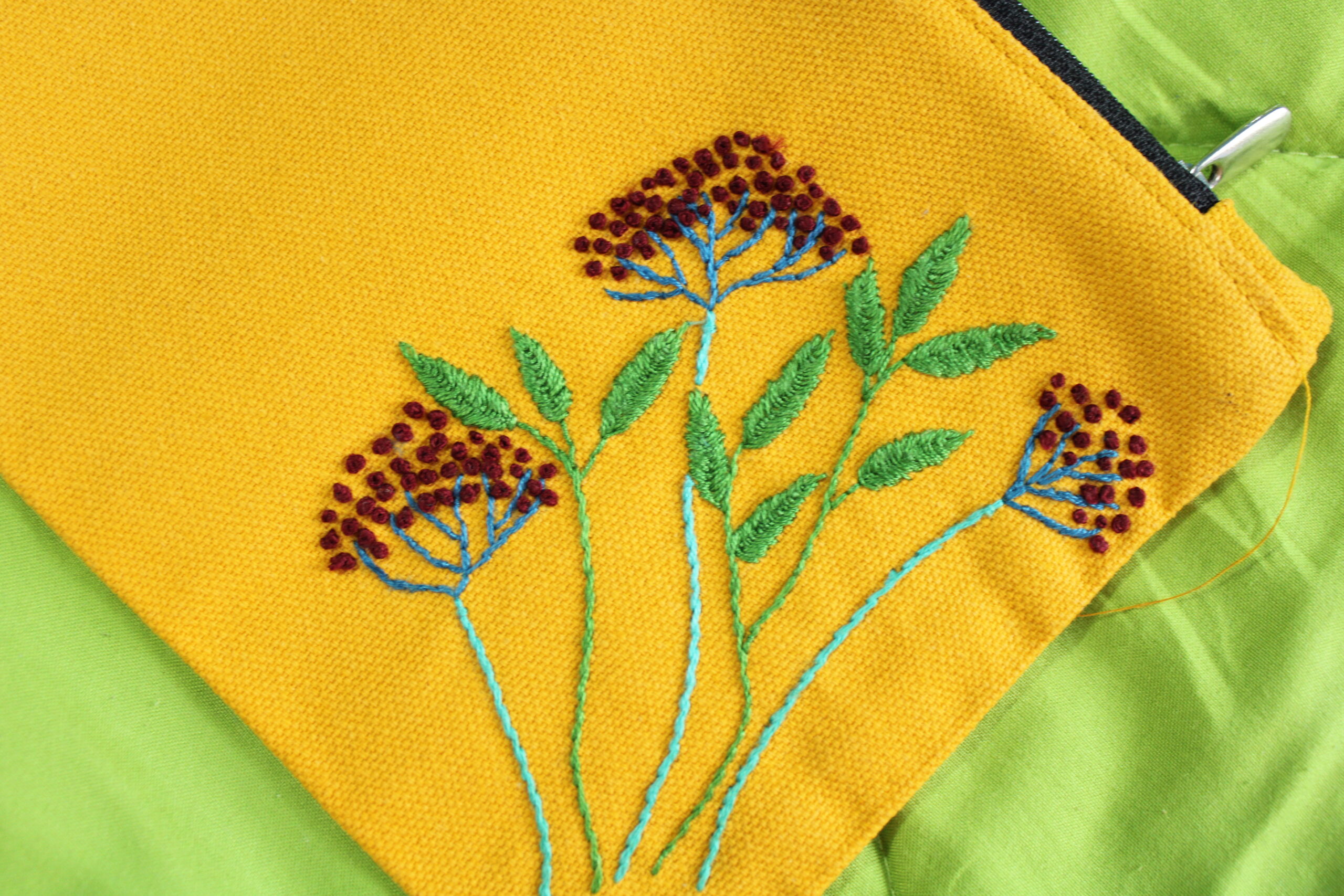 Hand Embroidered Makeup Pencil Pouch with Zipper(Mustard Yellow) - Image 3