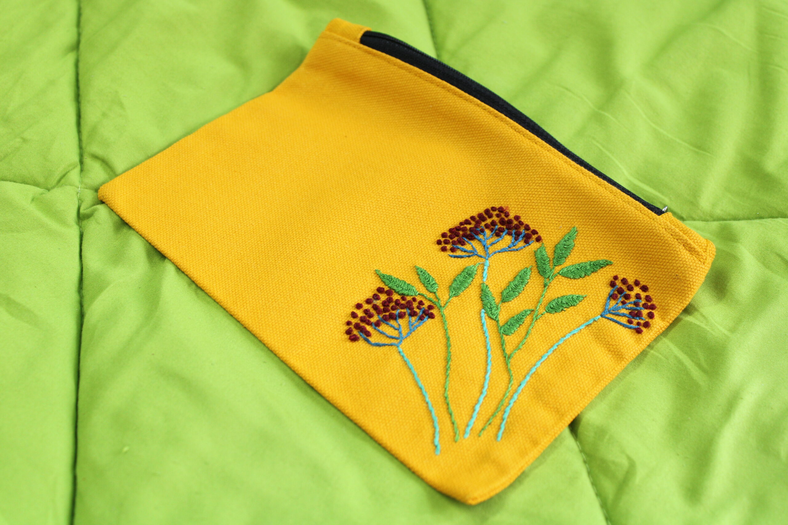 Hand Embroidered Makeup Pencil Pouch with Zipper(Mustard Yellow) - Image 4