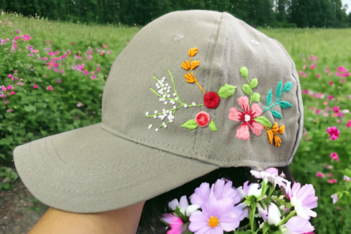 Garden store flowers, hand designed and embroidered light gray baseball cap with beaded details. Velcro tab, 1 size fits all. One of a kind design