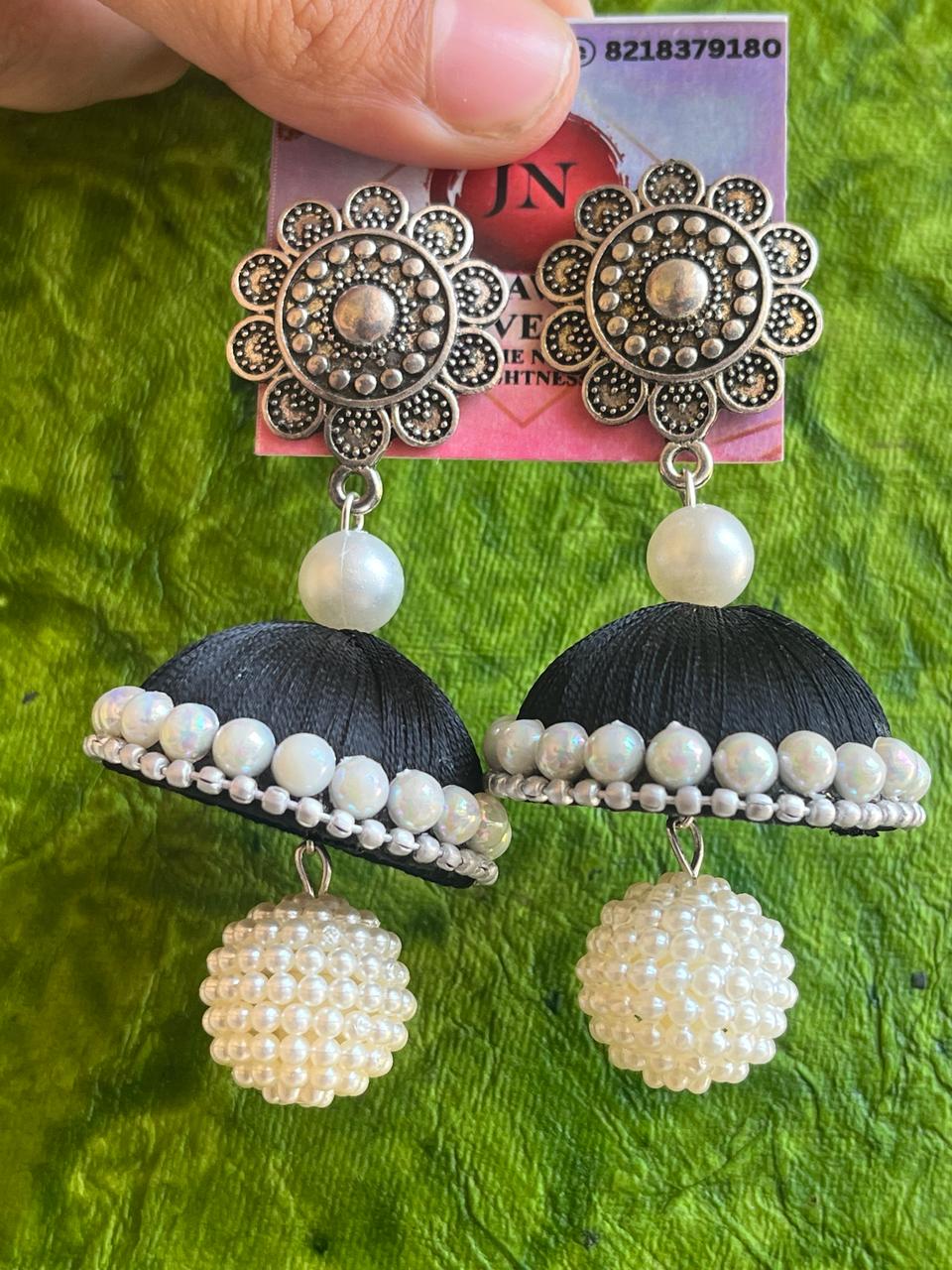 Silver Floral silk thread jhumka | Handmade jewelry | Ethnic jewelry India | Traditional Indian earrings | Handmade Bareilly wale jhumke | Handmade jhumka - Image 3