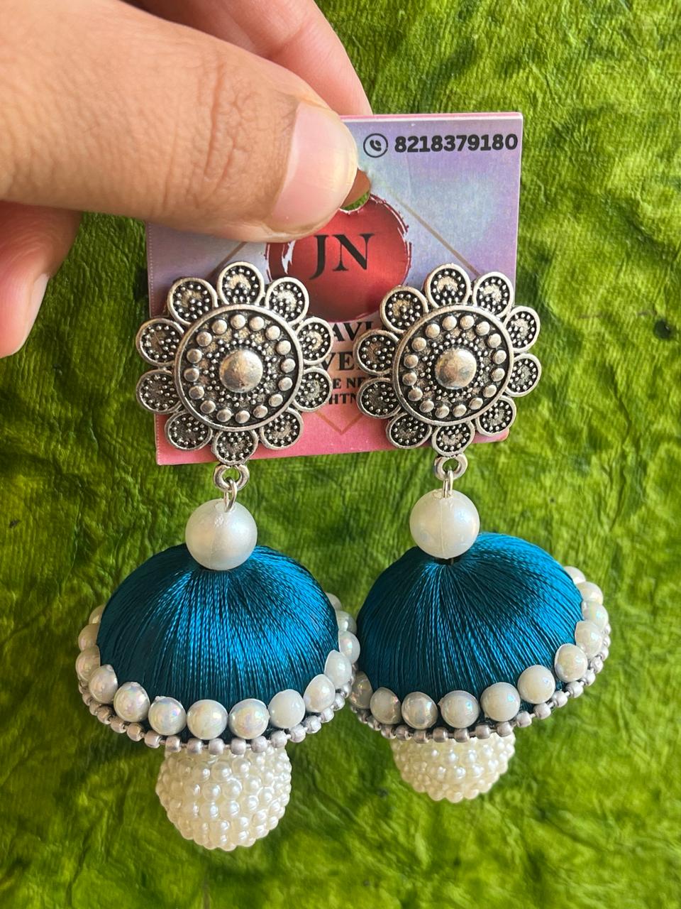 Silver Floral silk thread jhumka | Handmade jewelry | Ethnic jewelry India | Traditional Indian earrings | Handmade Bareilly wale jhumke | Handmade jhumka