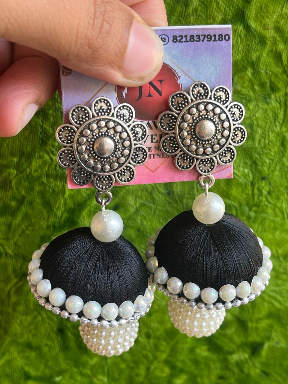 Silver Floral silk thread jhumka | Handmade jewelry | Ethnic jewelry India | Traditional Indian earrings | Handmade Bareilly wale jhumke | Handmade jhumka - Image 2