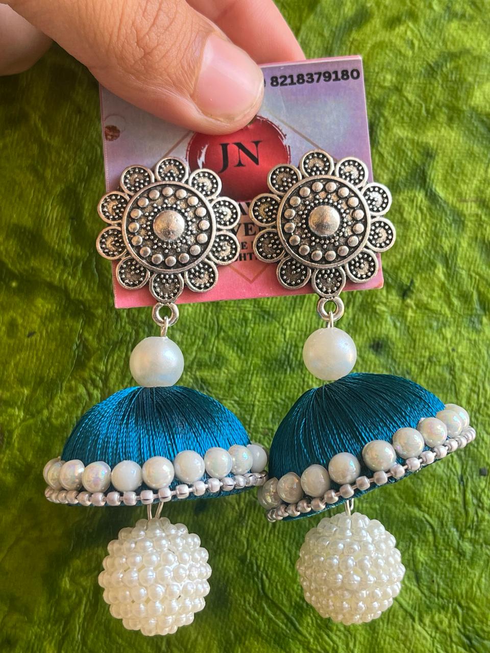 Silver Floral silk thread jhumka | Handmade jewelry | Ethnic jewelry India | Traditional Indian earrings | Handmade Bareilly wale jhumke | Handmade jhumka - Image 4