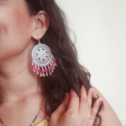 Handmade Beaded dangle earrings / Silver dangle earrings /Statement earrings for western outfits - Image 2