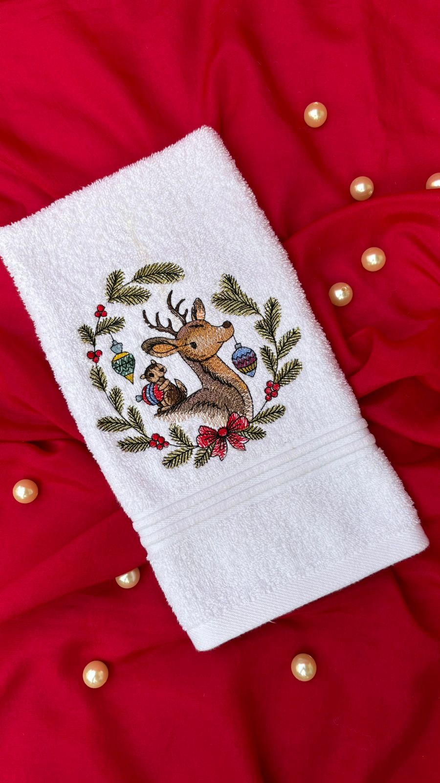 Reindeer & Chipmunk Design on a Hand Towel | Christmas Home Decor | Embroidered Hand Towels