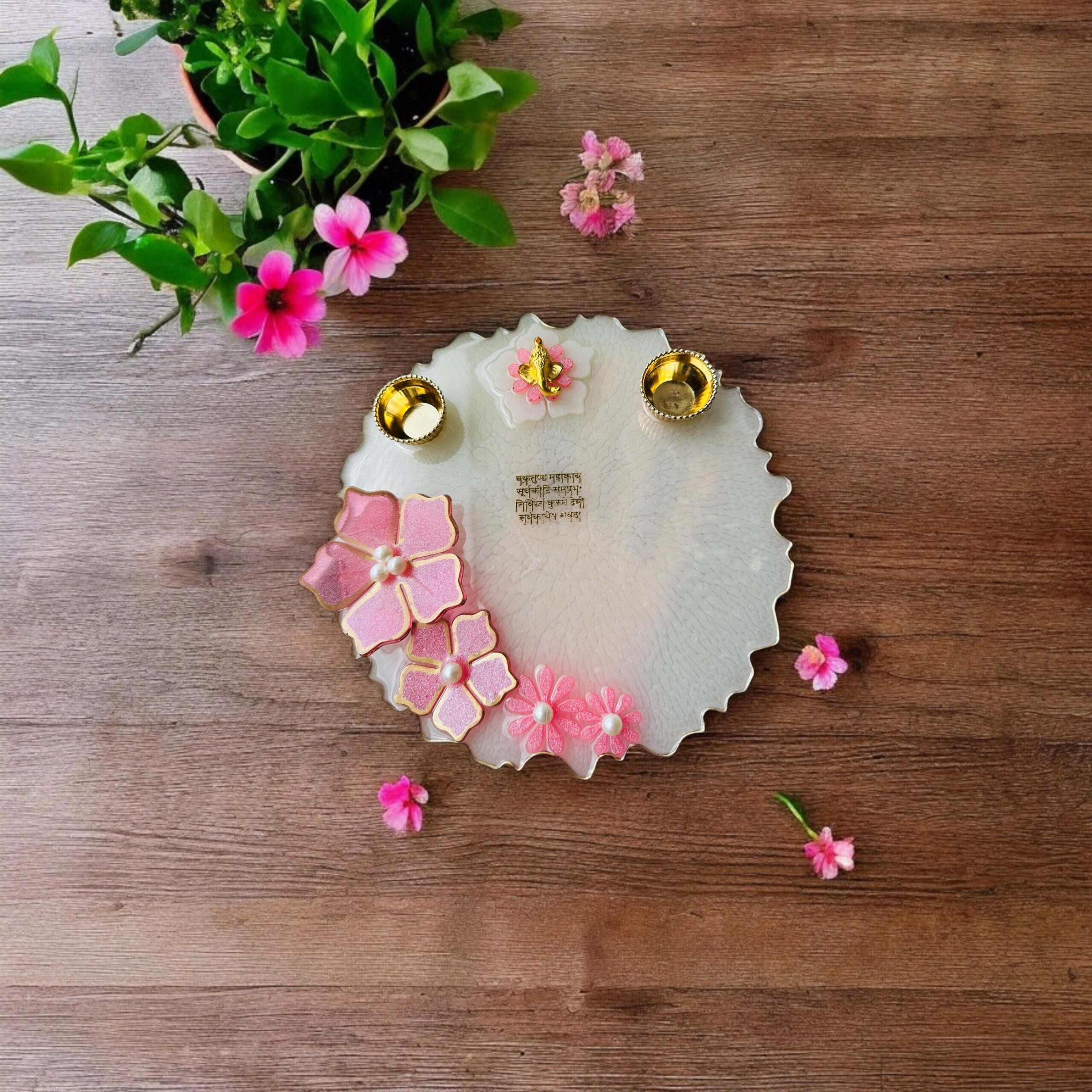 Customizable Resin Pooja Thali | Floral Design with Ganpati & Sanskrit Mantra (8 Inches) - Image 2