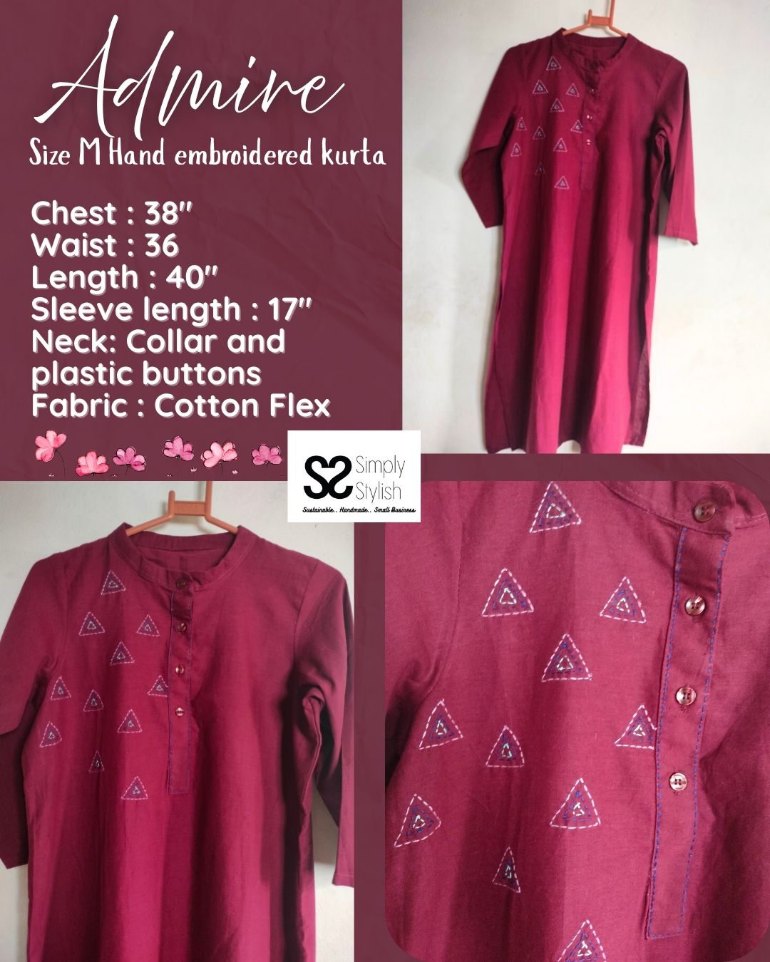 Size M cotton flex hand embroidered Maroon Kurta | Hand Embroidered Kurta Women | Cotton Kurta - Image 3