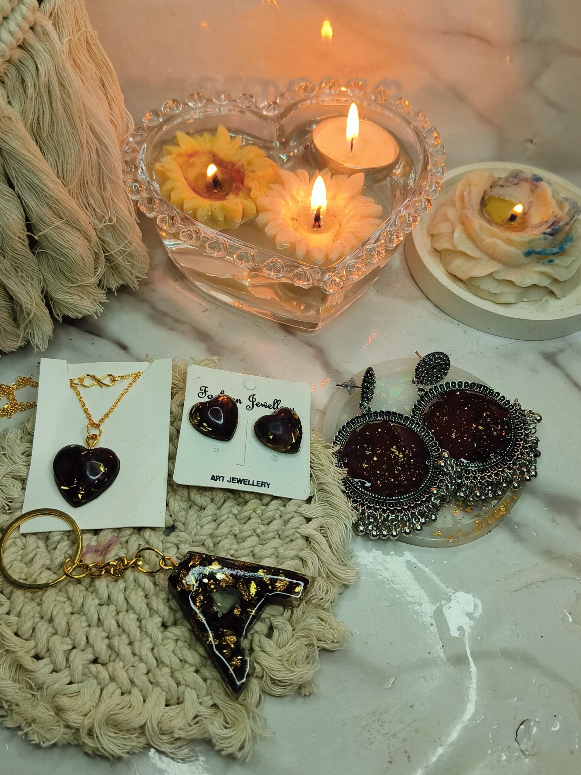 Rose petal preserved jewellery set (customised) - Includes Jhumka, Earrings/Stud, Custom Alphabet Keychain and Pendant with Chain