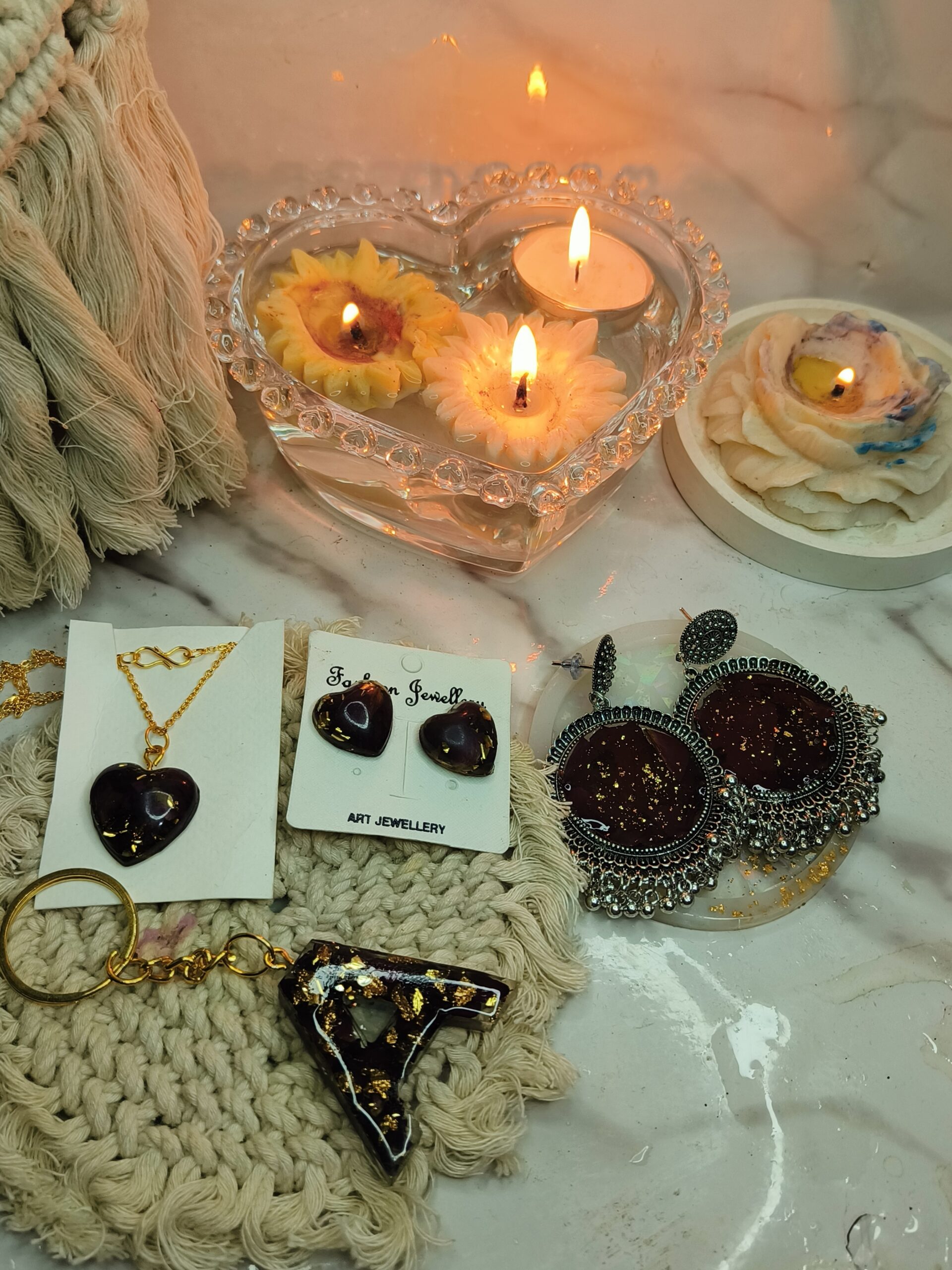 Rose petal preserved jewellery set (customised) - Includes Jhumka, Earrings/Stud, Custom Alphabet Keychain and Pendant with Chain - Image 2