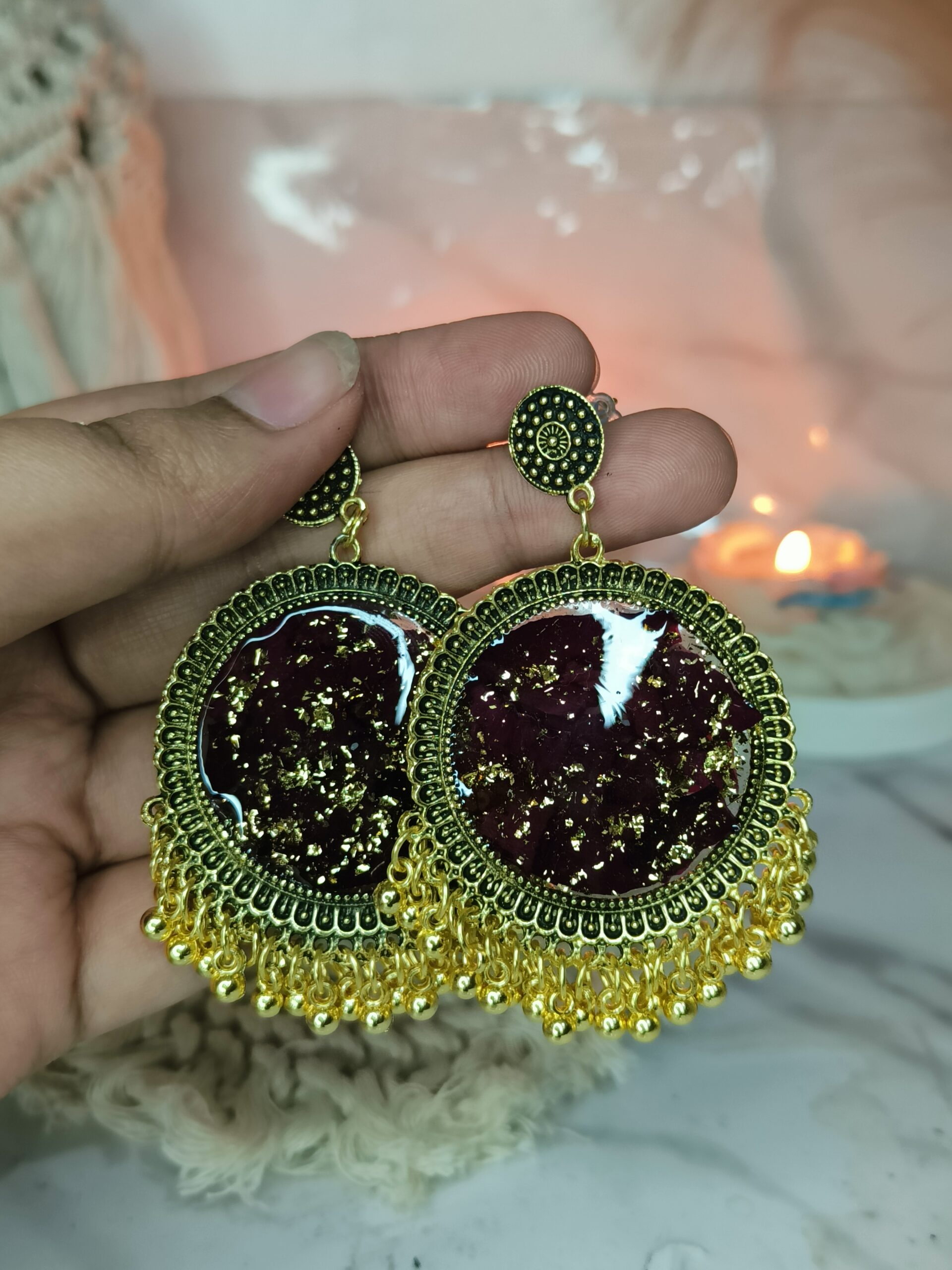 Rose petal preserved jhumka earrings | Real Rose Petal Jhumka | Resin Jhumka Earrings - Image 2
