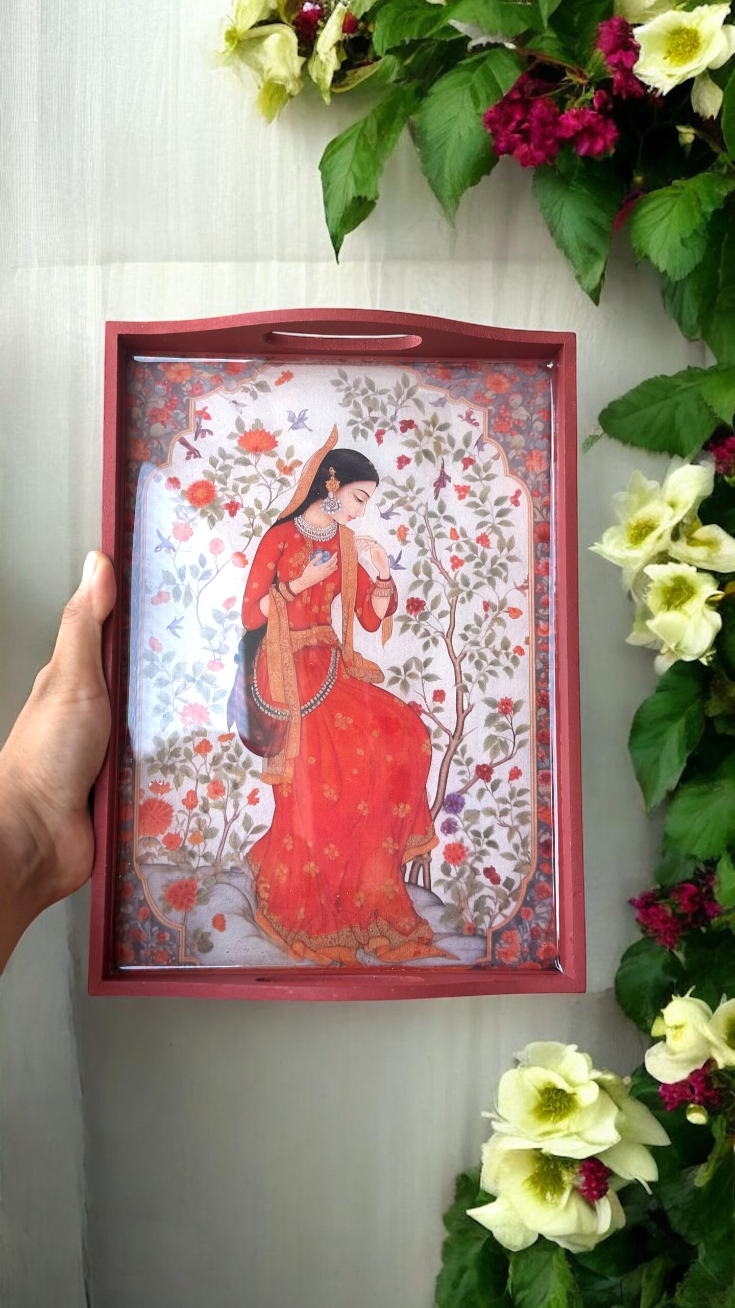 Handmade Handcrafted Wooden Tray – Ethnic Indian Art | Decorative Multicoloured Serving Tray | Desk Organizer Tray - Image 3