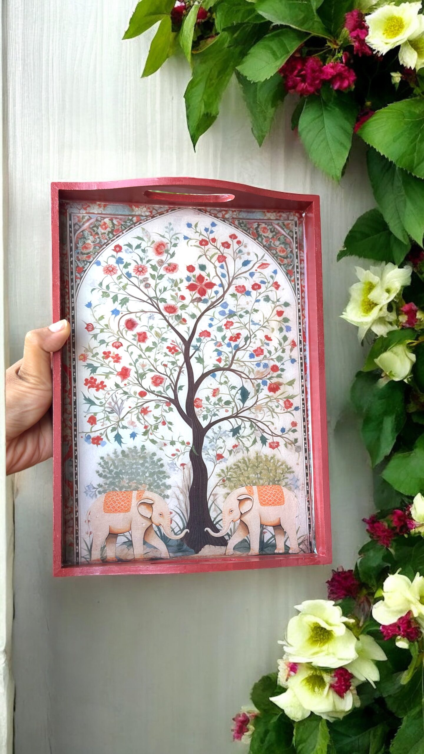 Handmade Handcrafted Wooden Tray – Ethnic Indian Art | Decorative Multicoloured Serving Tray | Desk Organizer Tray - Image 2