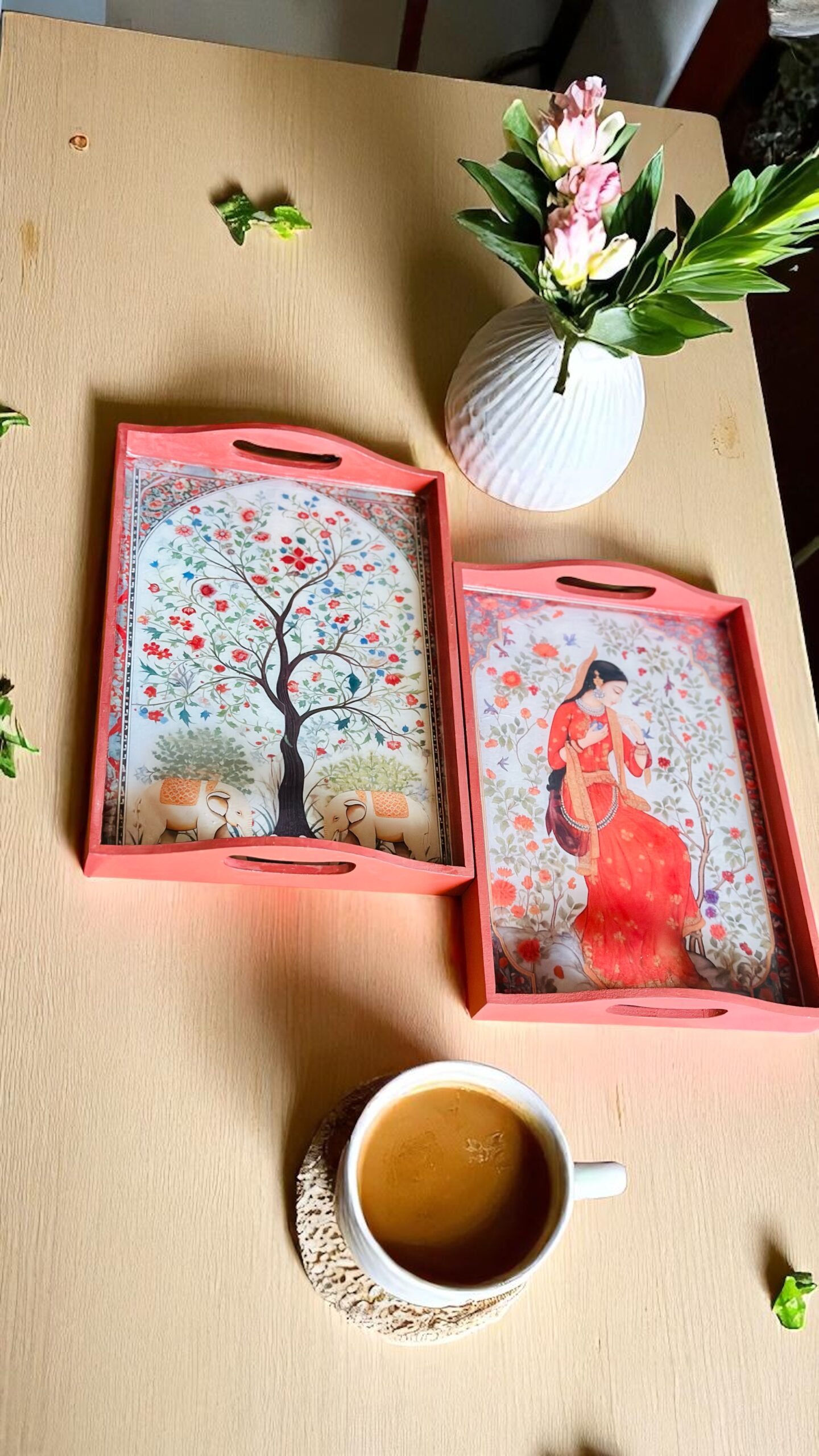 Handmade Handcrafted Wooden Tray – Ethnic Indian Art | Decorative Multicoloured Serving Tray | Desk Organizer Tray