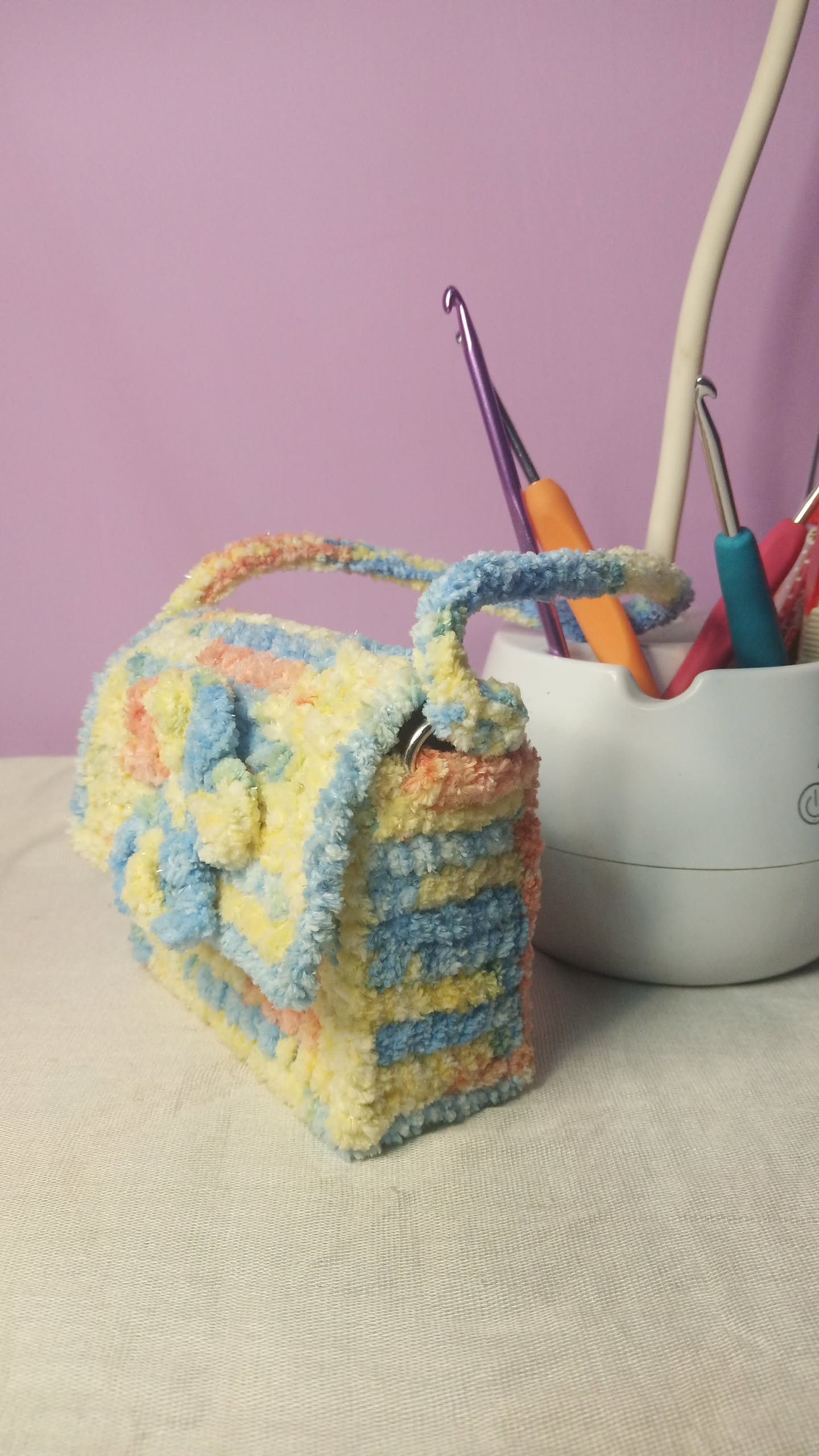 Handmade Plush Crochet Mini palm Bag – Pastel Floral Design | Soft Chenille Yarn Purse/ canvas purse - Image 2