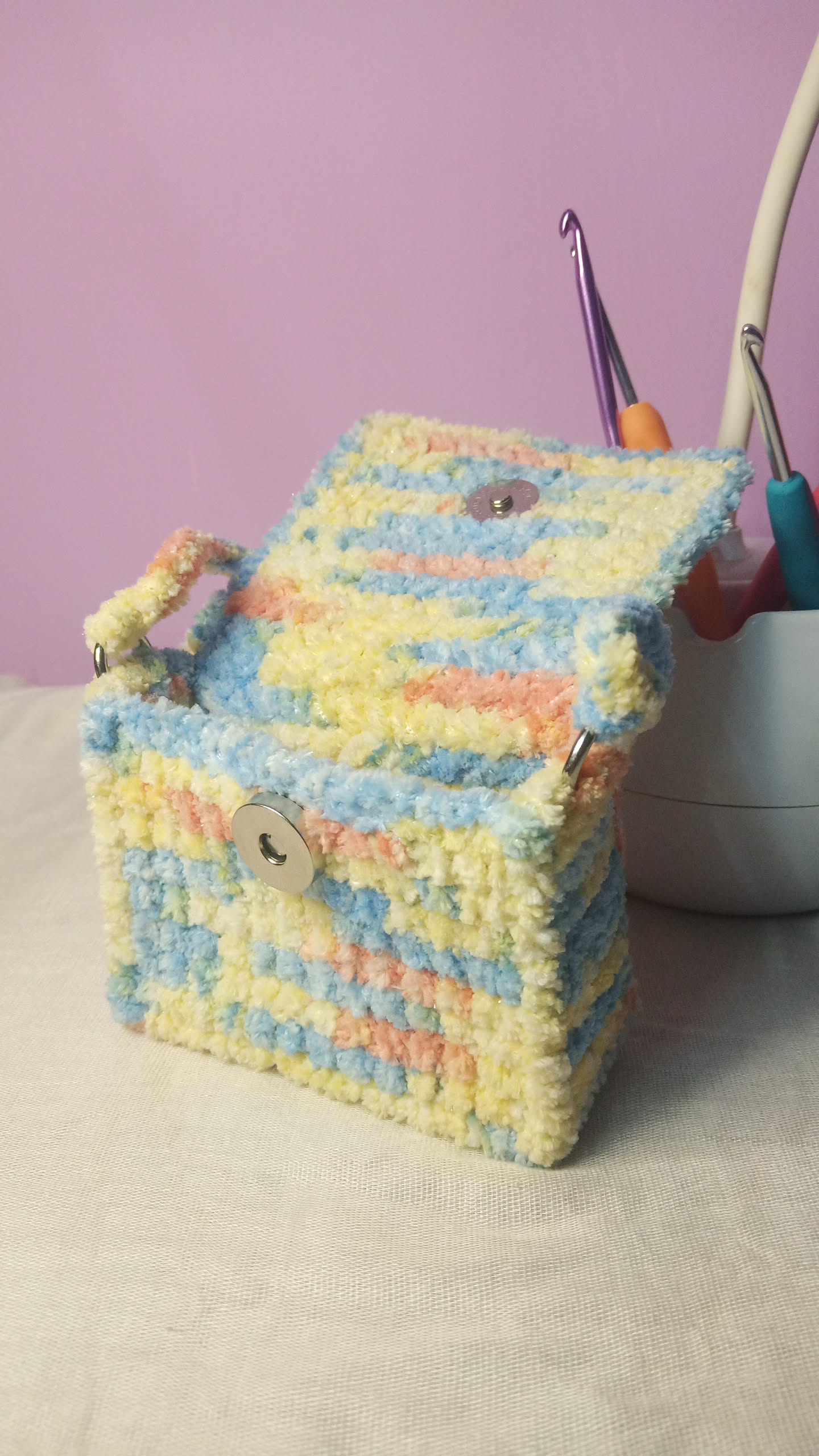 Handmade Plush Crochet Mini palm Bag – Pastel Floral Design | Soft Chenille Yarn Purse/ canvas purse - Image 3