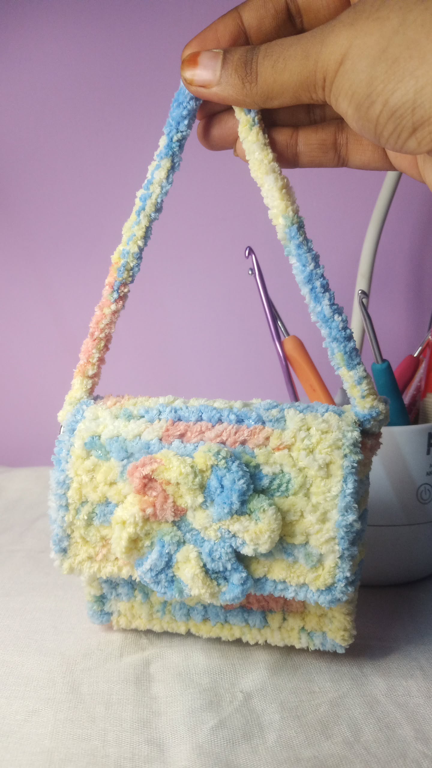 Handmade Plush Crochet Mini palm Bag – Pastel Floral Design | Soft Chenille Yarn Purse/ canvas purse