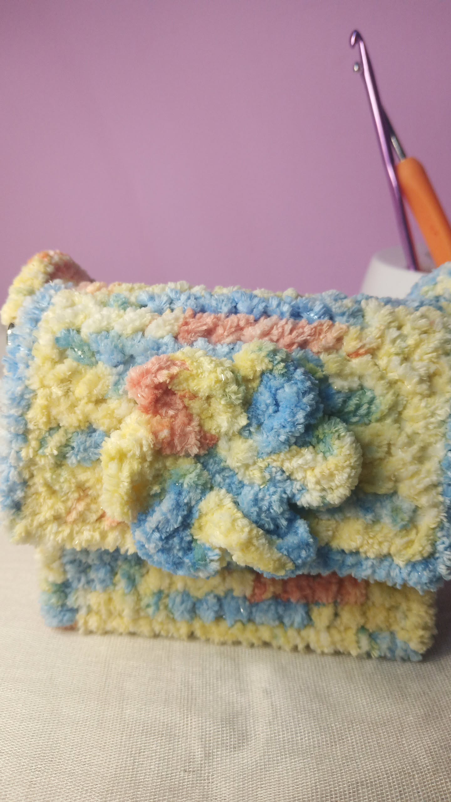 Handmade Plush Crochet Mini palm Bag – Pastel Floral Design | Soft Chenille Yarn Purse/ canvas purse - Image 4