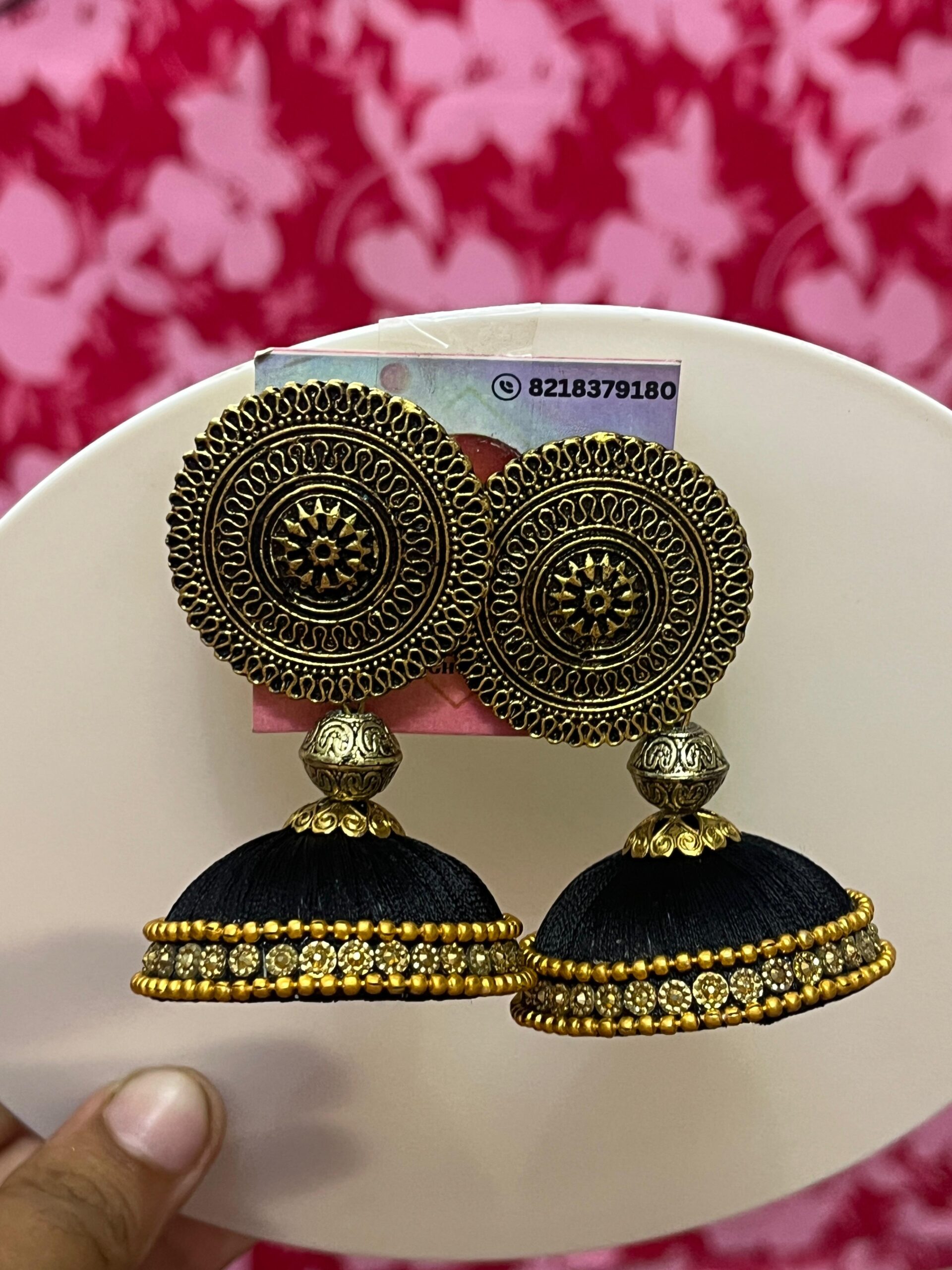 Antique Gold Black Silk Thread Jhumka with Floral Stud Design