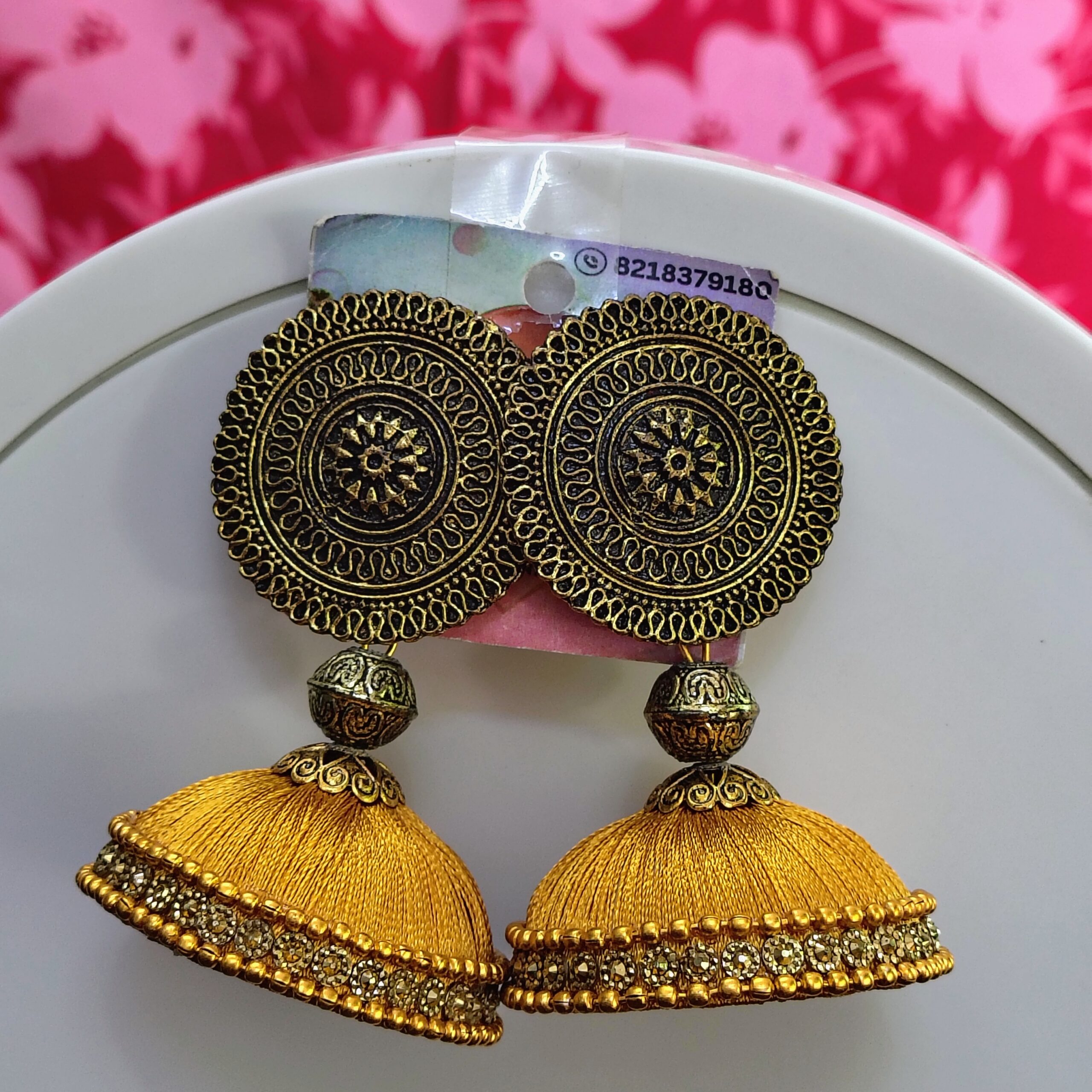 Antique Gold Black Silk Thread Jhumka with Floral Stud Design - Image 2