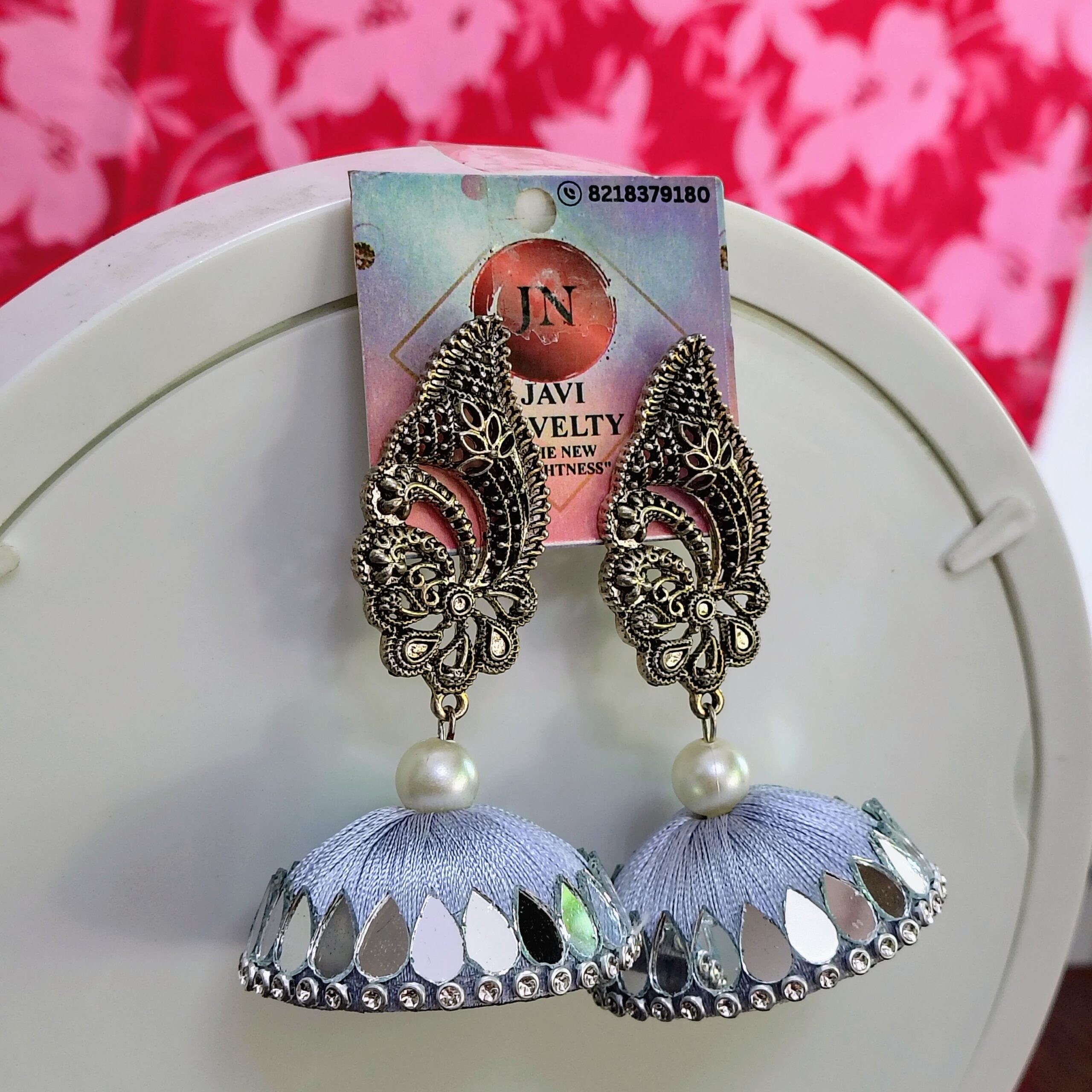 Silver & Mirror-Work Silk Thread Jhumka Earrings with Antique Filigree Stud and Pearl Accent