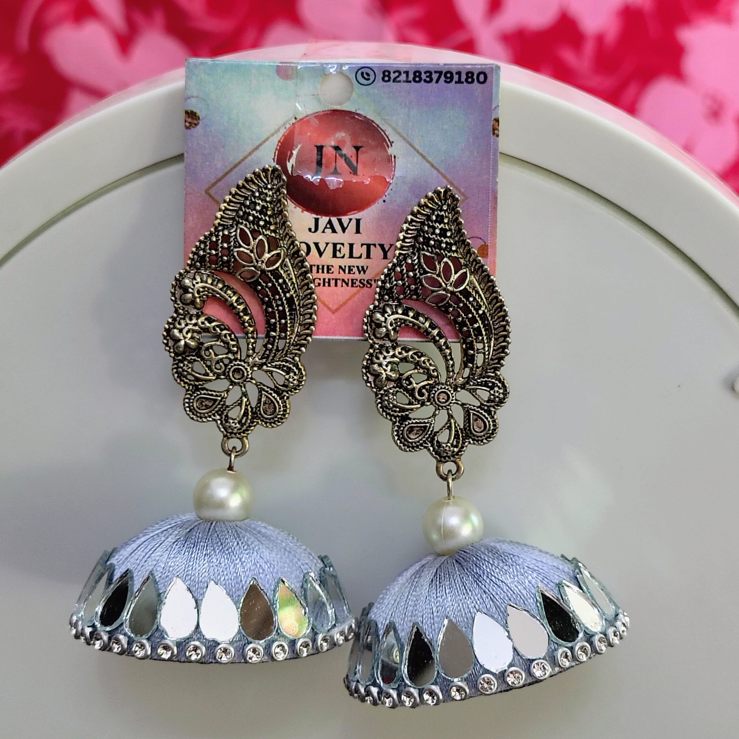 Silver & Mirror-Work Silk Thread Jhumka Earrings with Antique Filigree Stud and Pearl Accent - Image 3