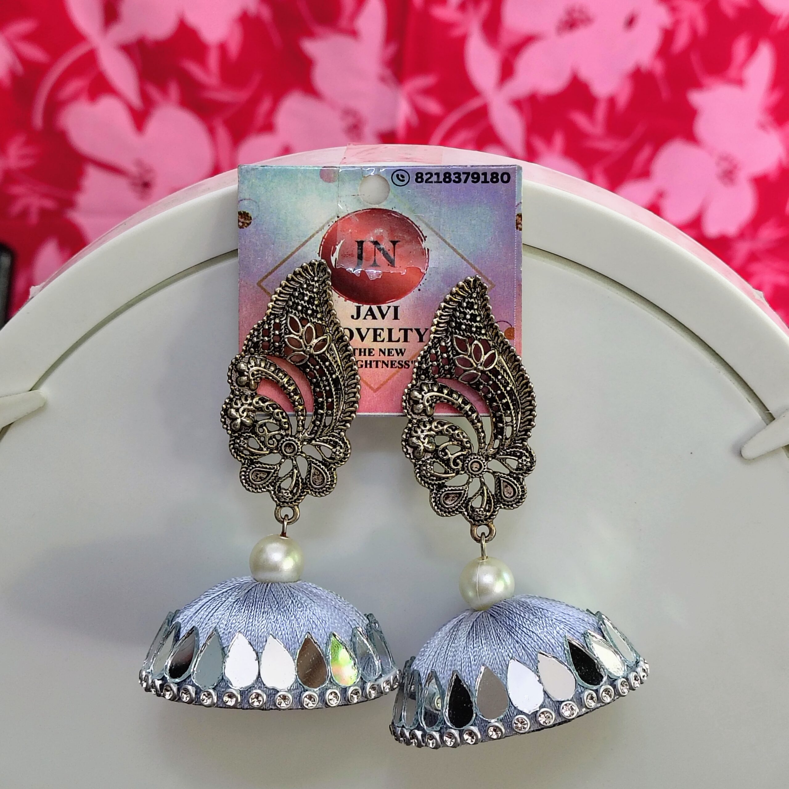 Silver & Mirror-Work Silk Thread Jhumka Earrings with Antique Filigree Stud and Pearl Accent - Image 2