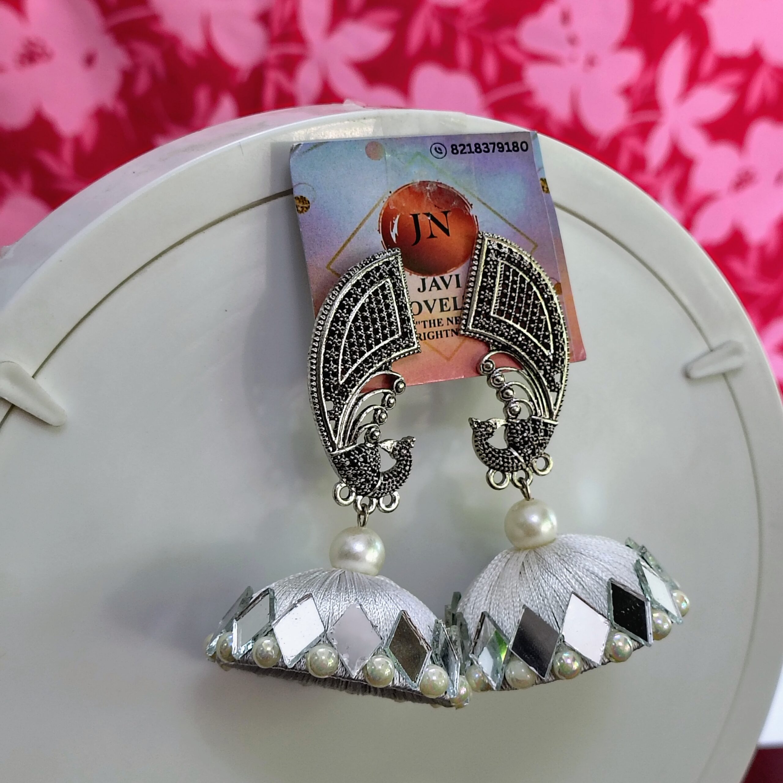 Elegant Silver Peacock Jhumka Earrings with Mirror and Pearl Detailing - Image 2