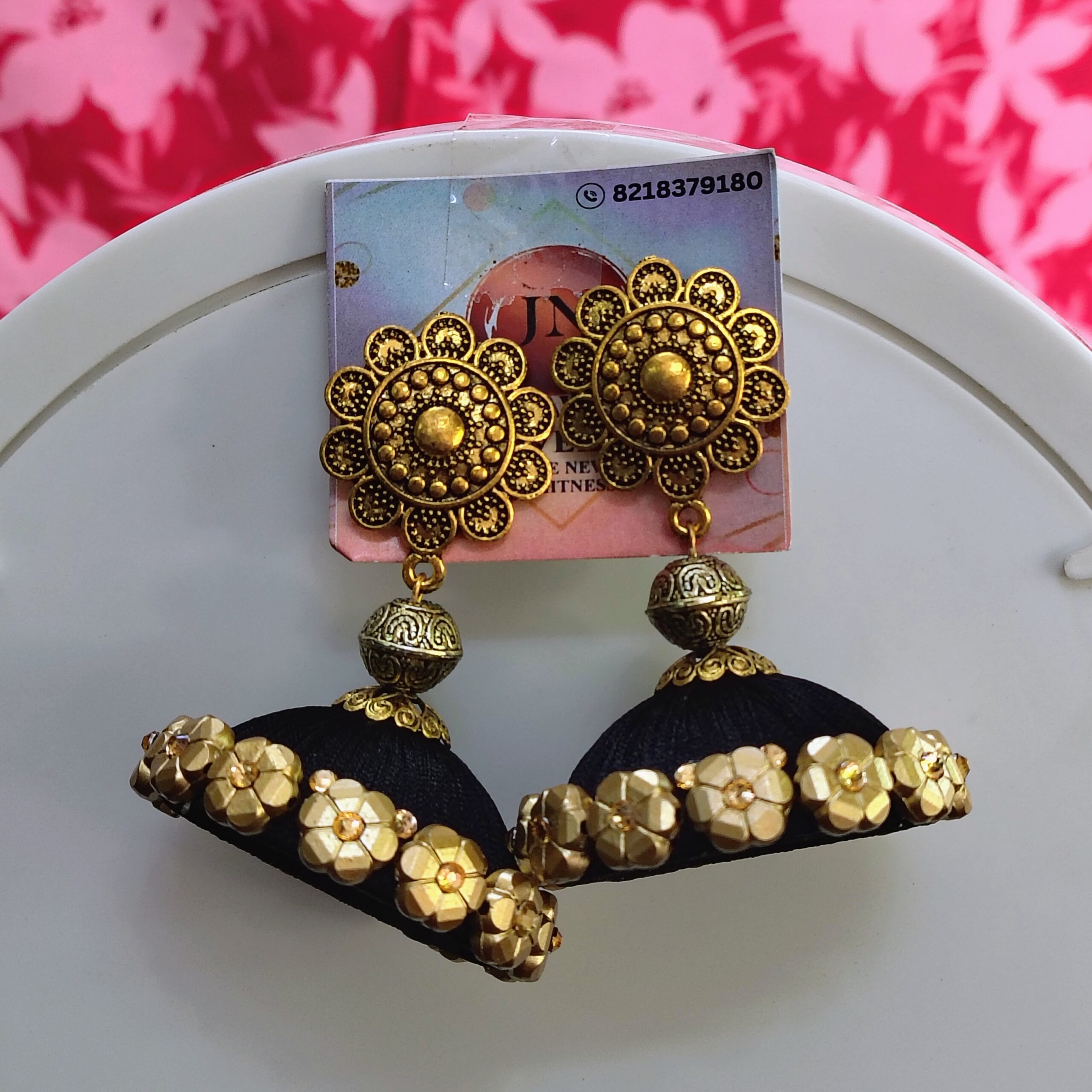 Handmade Green Floral Silk Thread Jhumka Earrings with Antique Golden Stud – Ethnic Festive Wear Jewelry - Image 2