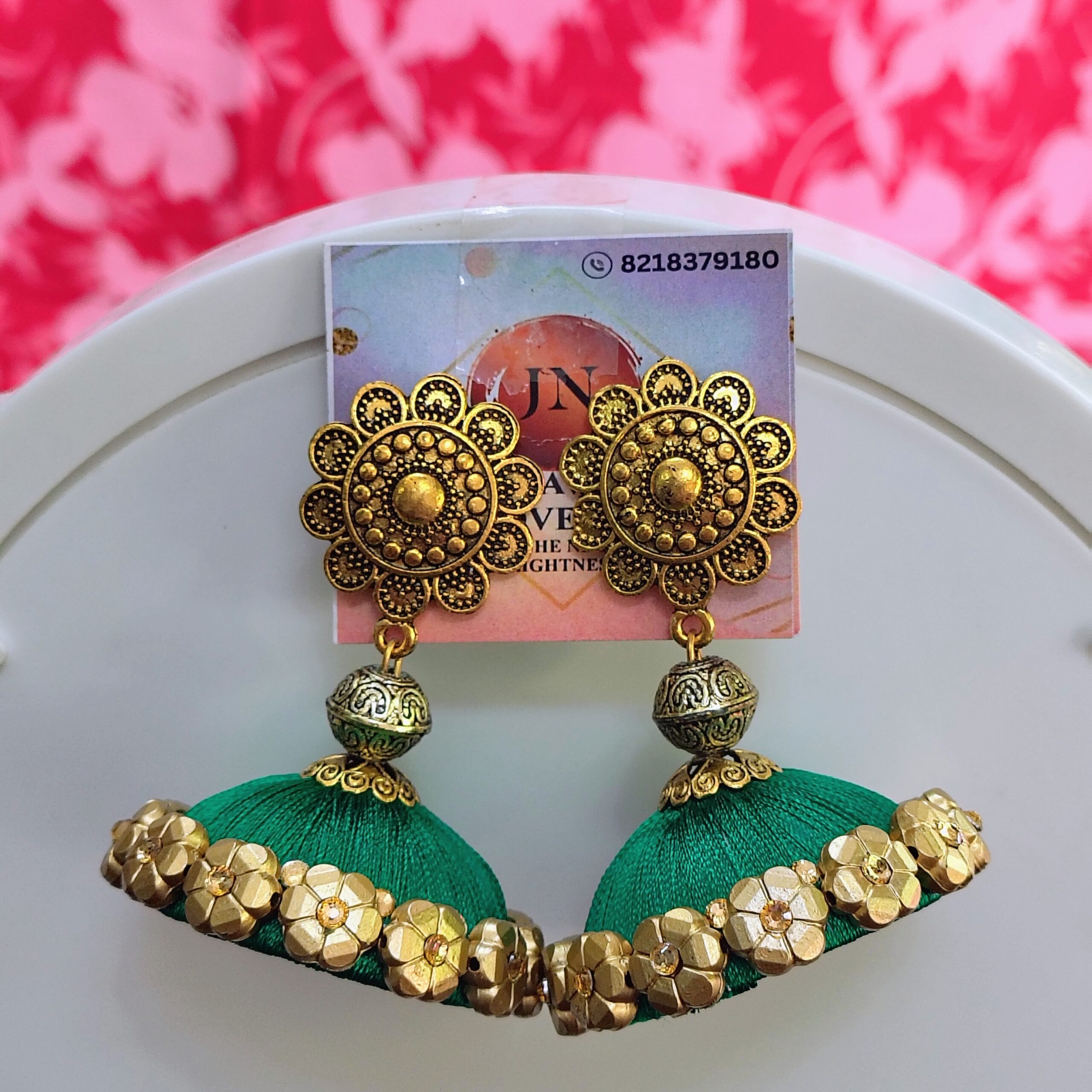 Handmade Green Floral Silk Thread Jhumka Earrings with Antique Golden Stud – Ethnic Festive Wear Jewelry