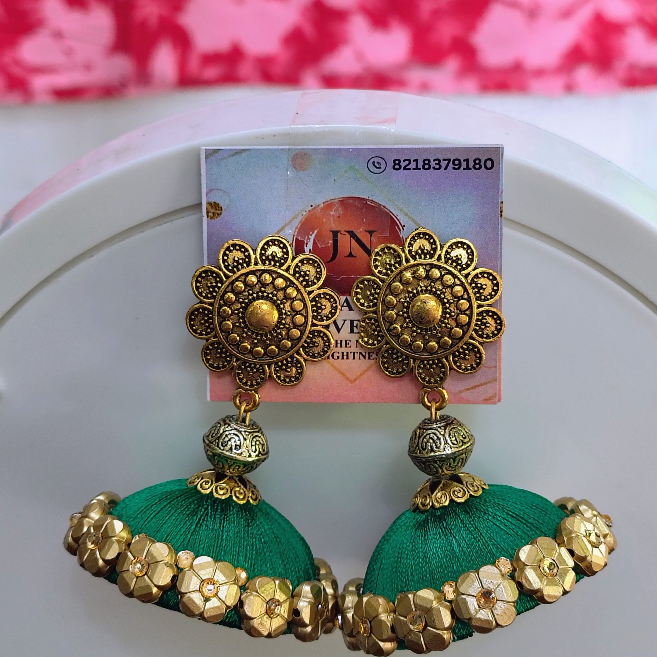 Handmade Green Floral Silk Thread Jhumka Earrings with Antique Golden Stud – Ethnic Festive Wear Jewelry - Image 4
