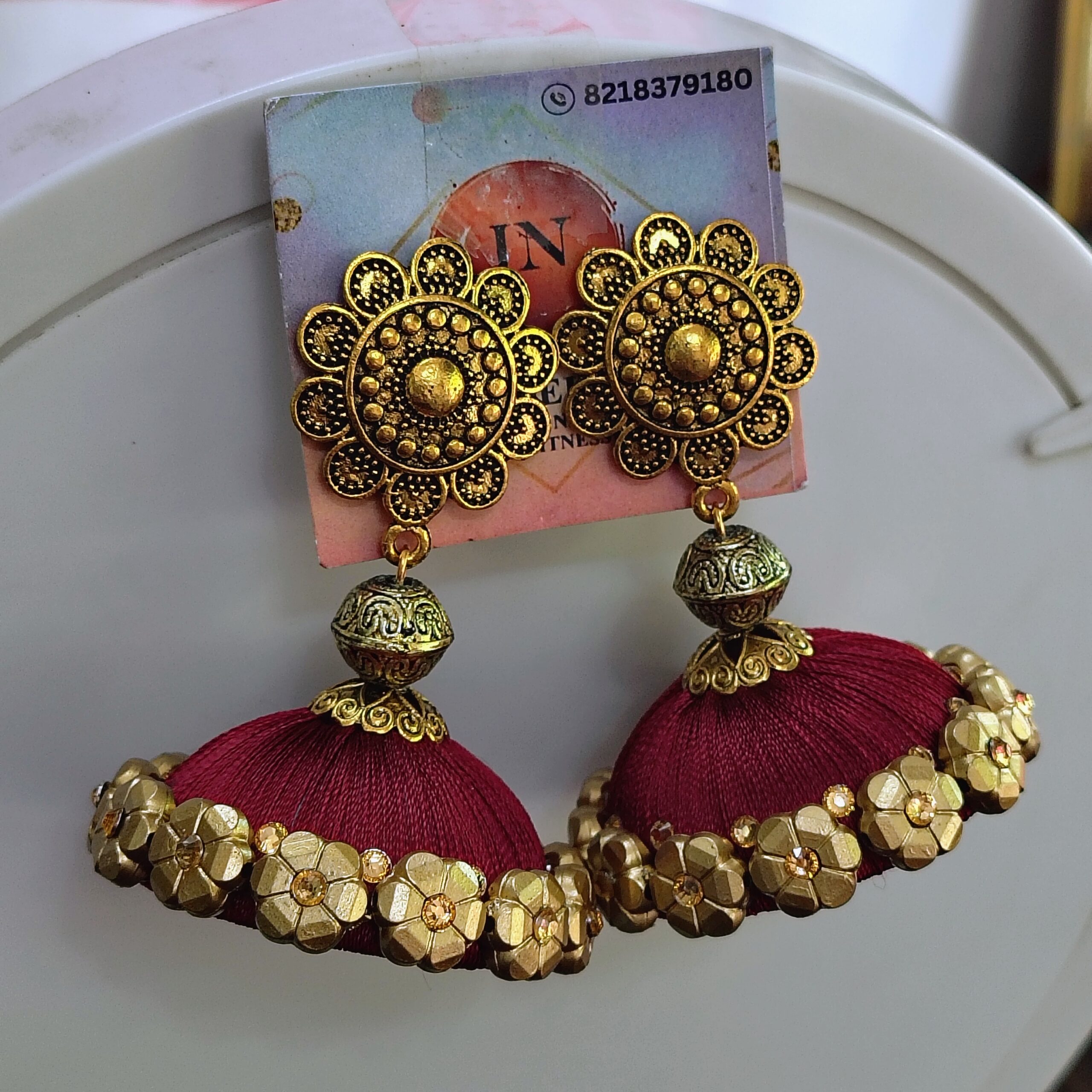Handmade Green Floral Silk Thread Jhumka Earrings with Antique Golden Stud – Ethnic Festive Wear Jewelry - Image 3