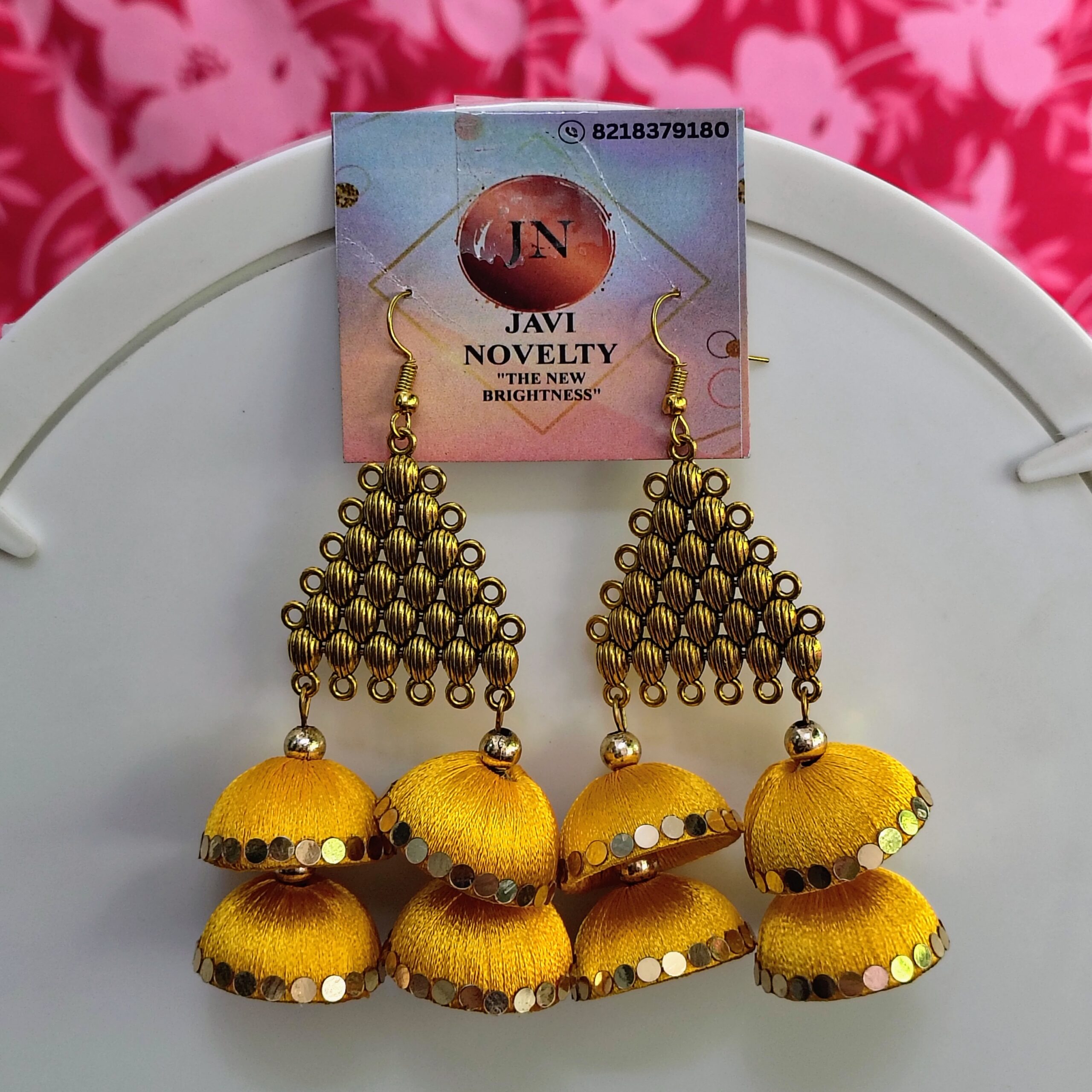 Handcrafted Yellow Silk Thread Jhumka Earrings – Traditional Indian Ethnic Jewelry by Javi Novelty - Image 2