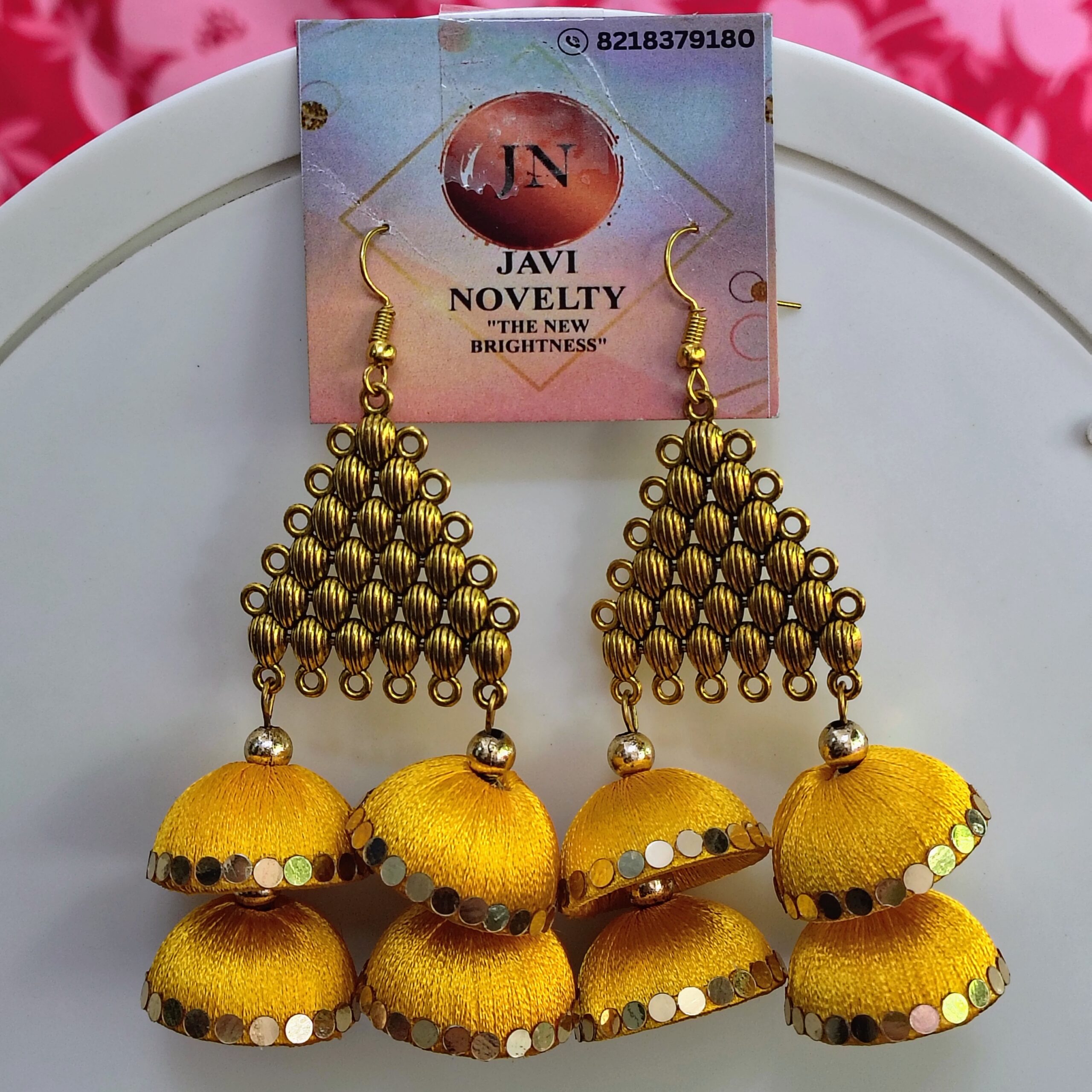 Handcrafted Yellow Silk Thread Jhumka Earrings – Traditional Indian Ethnic Jewelry by Javi Novelty - Image 3