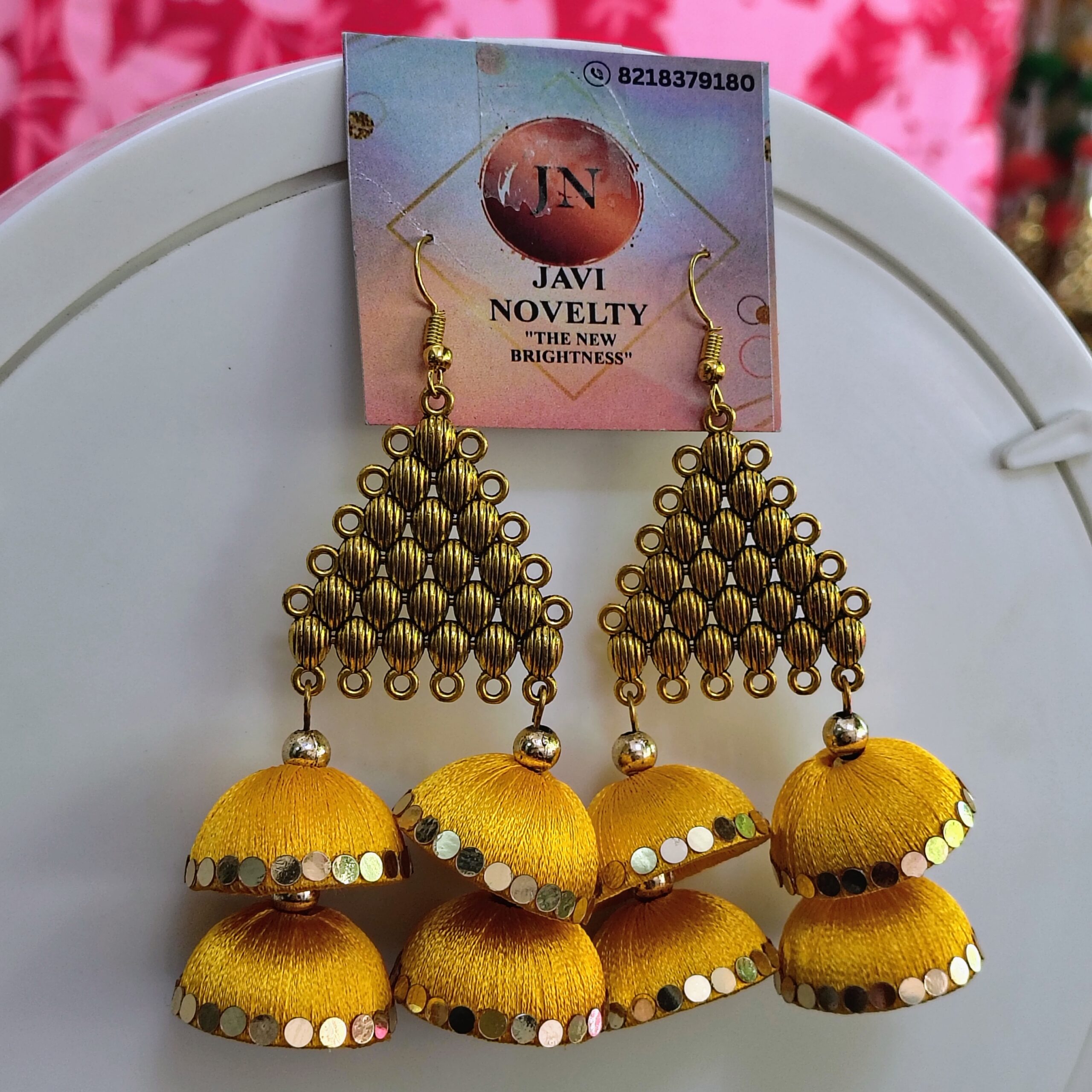 Handcrafted Yellow Silk Thread Jhumka Earrings – Traditional Indian Ethnic Jewelry by Javi Novelty - Image 4