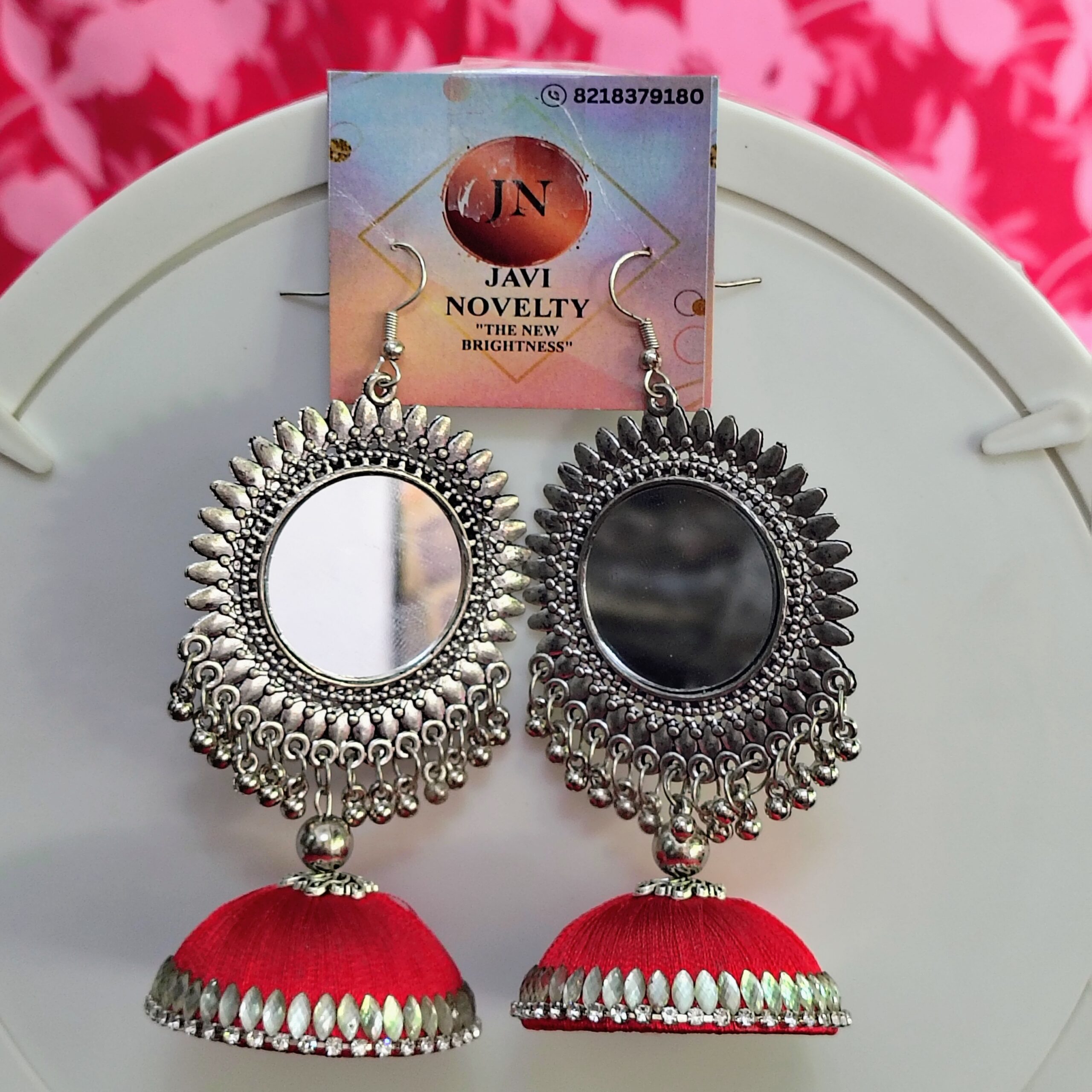 Red Mirror Work Oxidized Jhumka Earrings – Handmade Boho Ethnic Jewelry for Festive & Casual Wear - Image 3