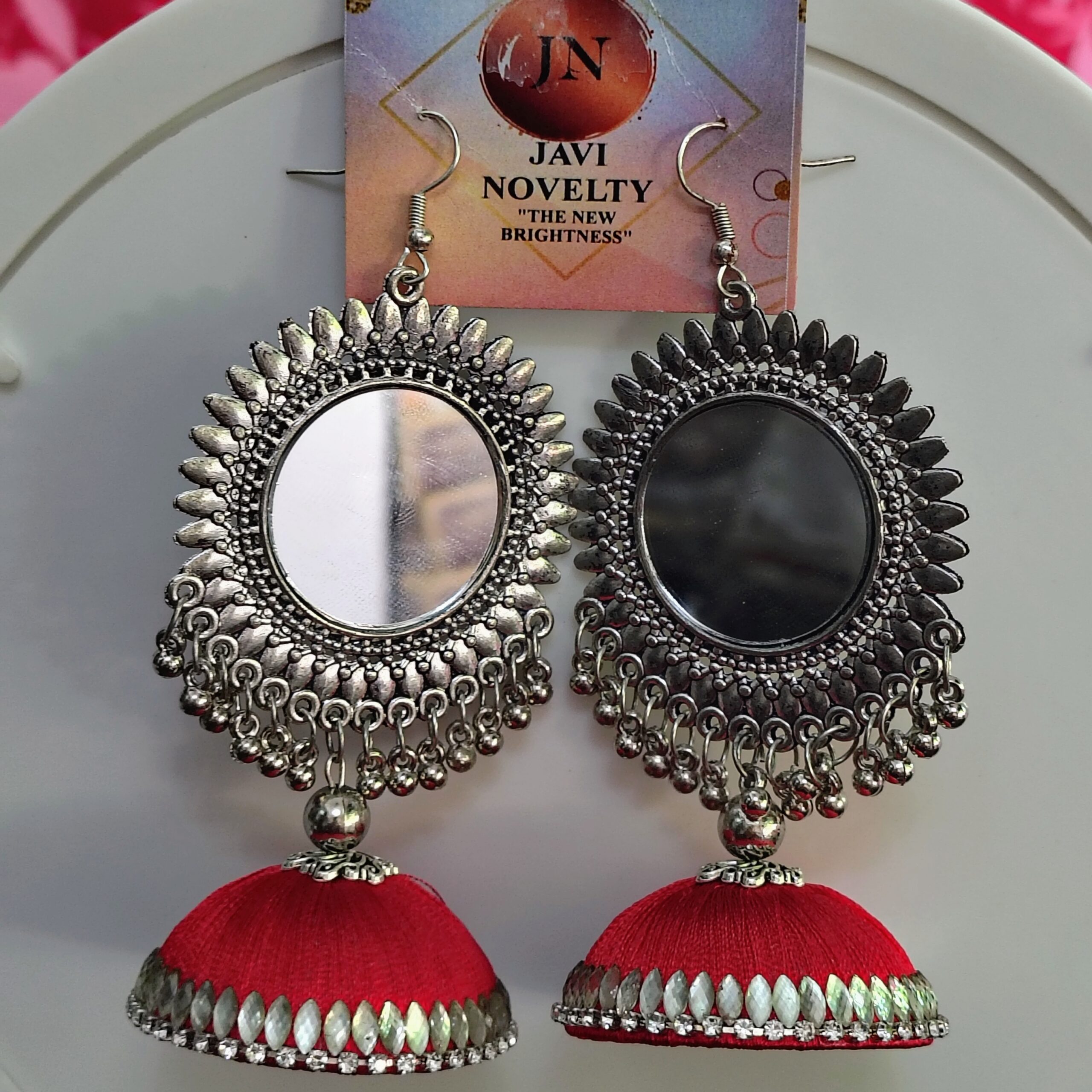 Red Mirror Work Oxidized Jhumka Earrings – Handmade Boho Ethnic Jewelry for Festive & Casual Wear - Image 4