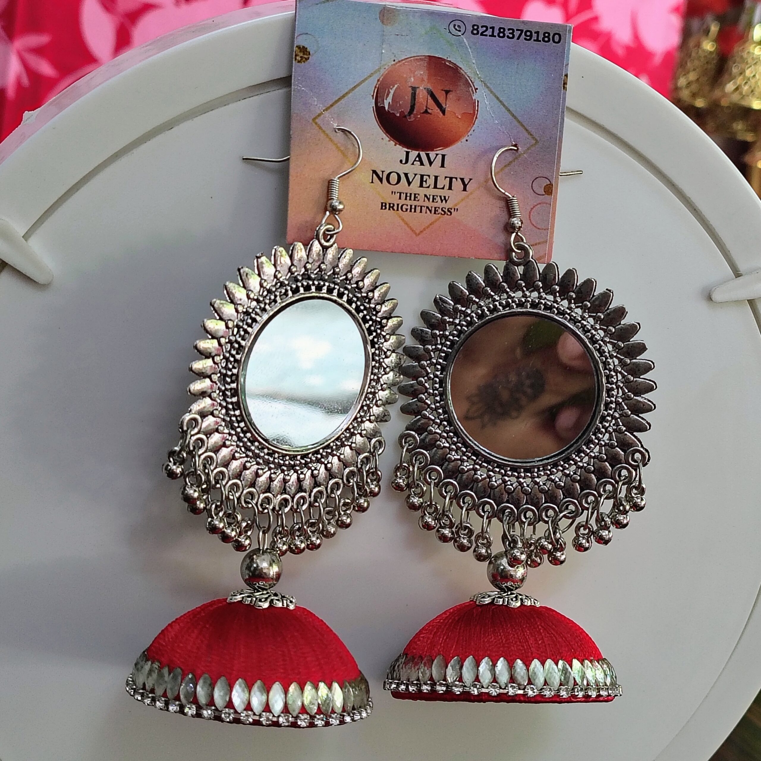Red Mirror Work Oxidized Jhumka Earrings – Handmade Boho Ethnic Jewelry for Festive & Casual Wear - Image 5