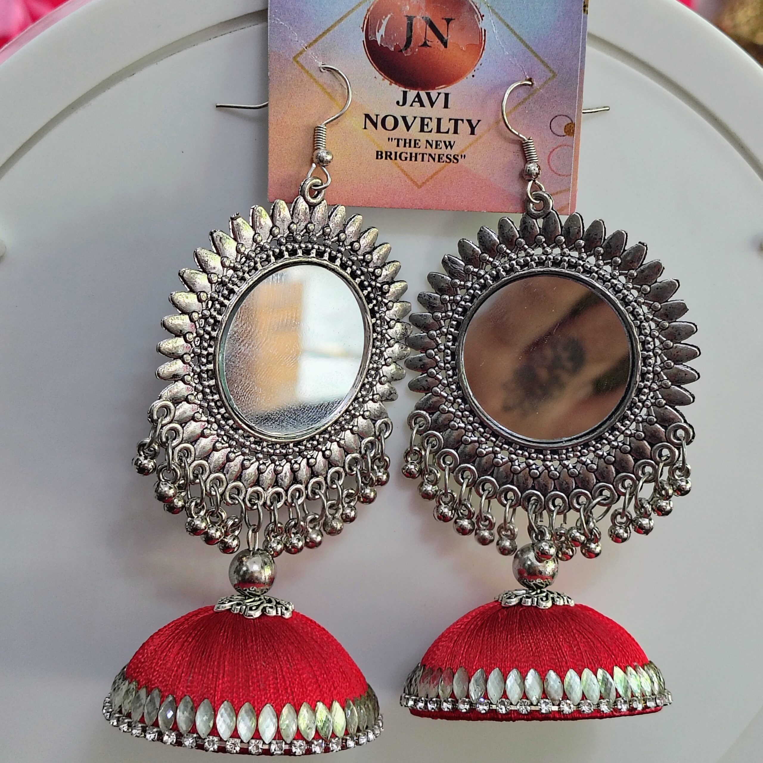 Red Mirror Work Oxidized Jhumka Earrings – Handmade Boho Ethnic Jewelry for Festive & Casual Wear