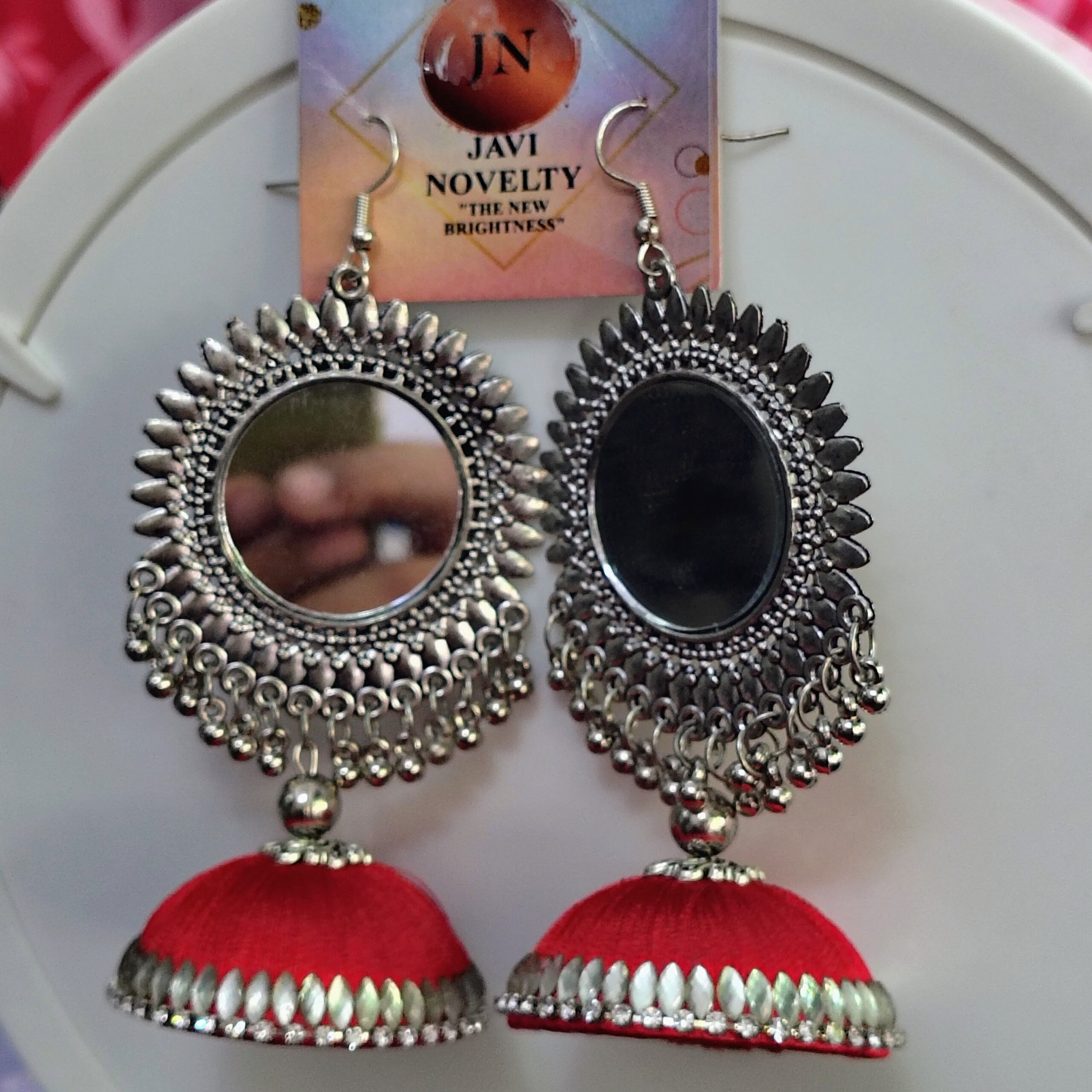 Red Mirror Work Oxidized Jhumka Earrings – Handmade Boho Ethnic Jewelry for Festive & Casual Wear - Image 2