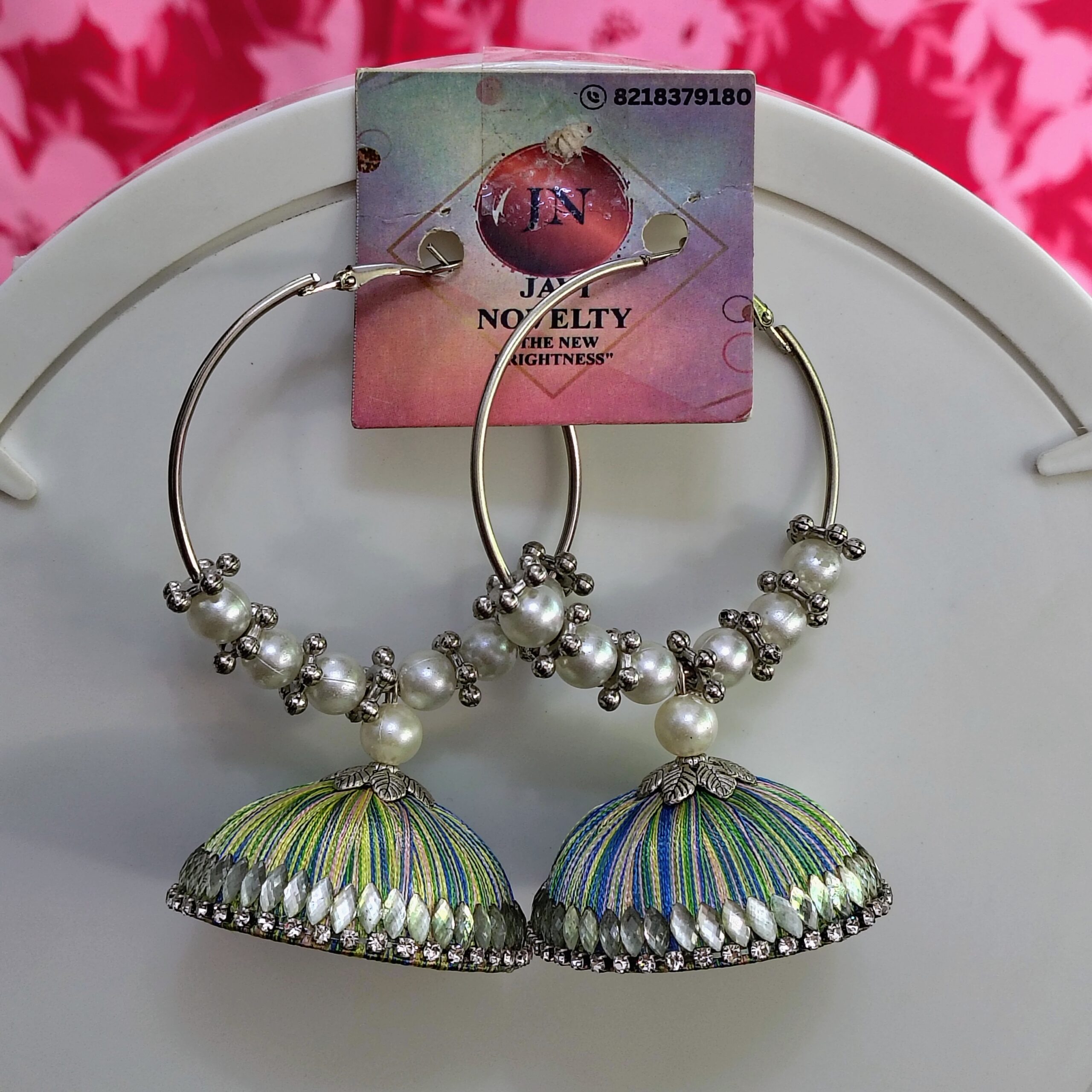 Multicolor Thread Hoop Jhumka Earrings with Pearl Beads – Handmade Ethnic Fusion Jewelry - Image 3