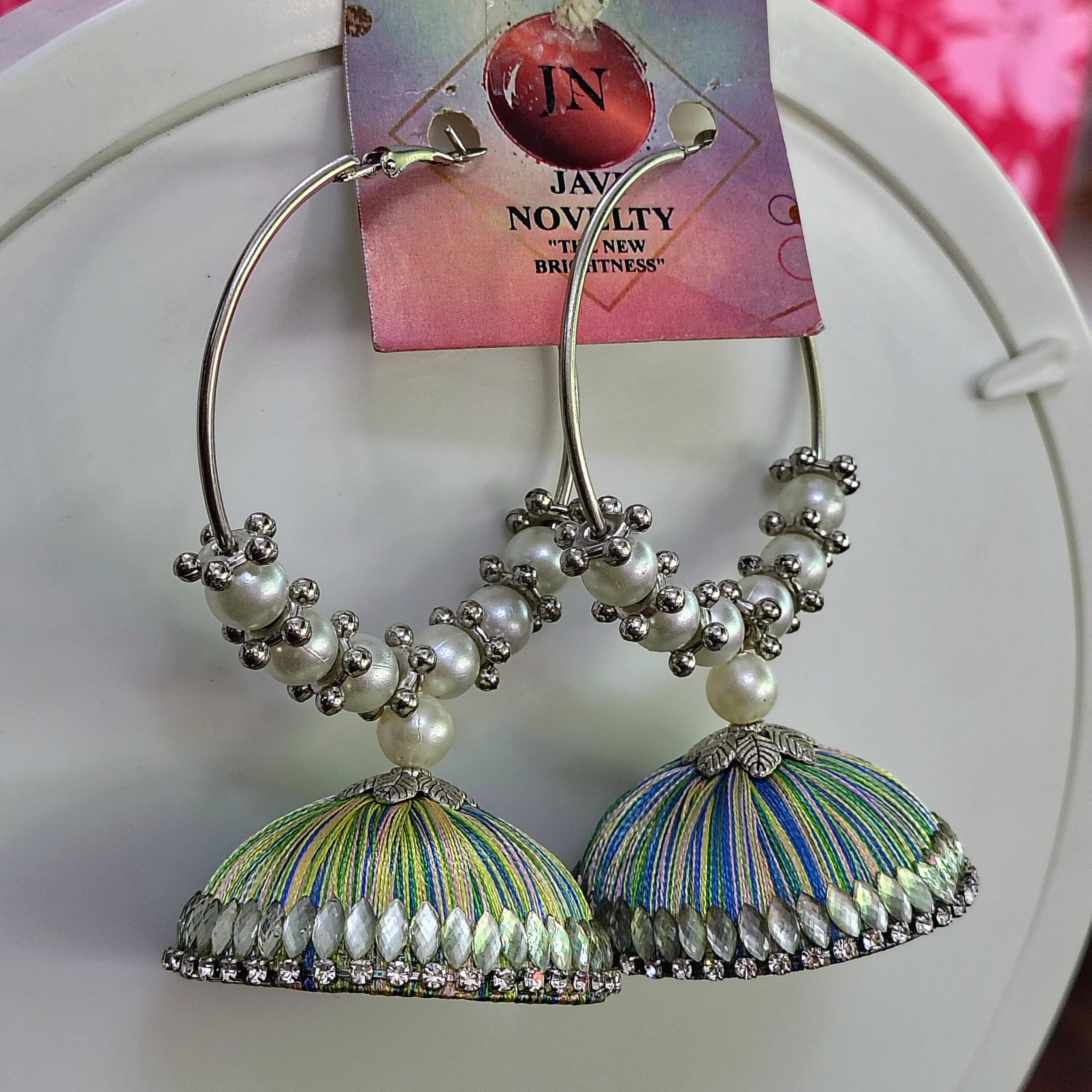 Multicolor Thread Hoop Jhumka Earrings with Pearl Beads – Handmade Ethnic Fusion Jewelry