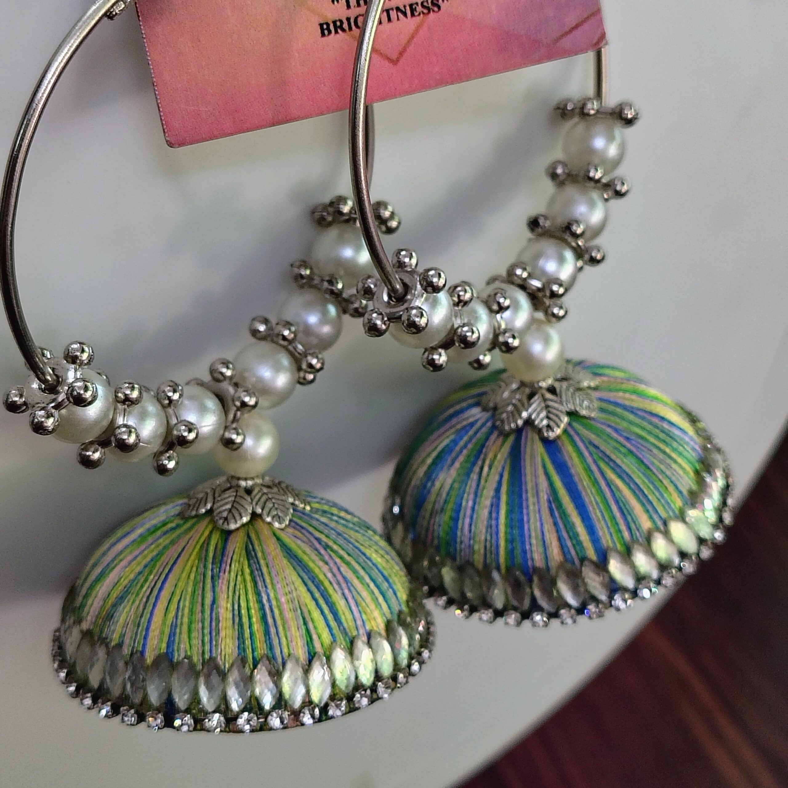 Multicolor Thread Hoop Jhumka Earrings with Pearl Beads – Handmade Ethnic Fusion Jewelry - Image 2