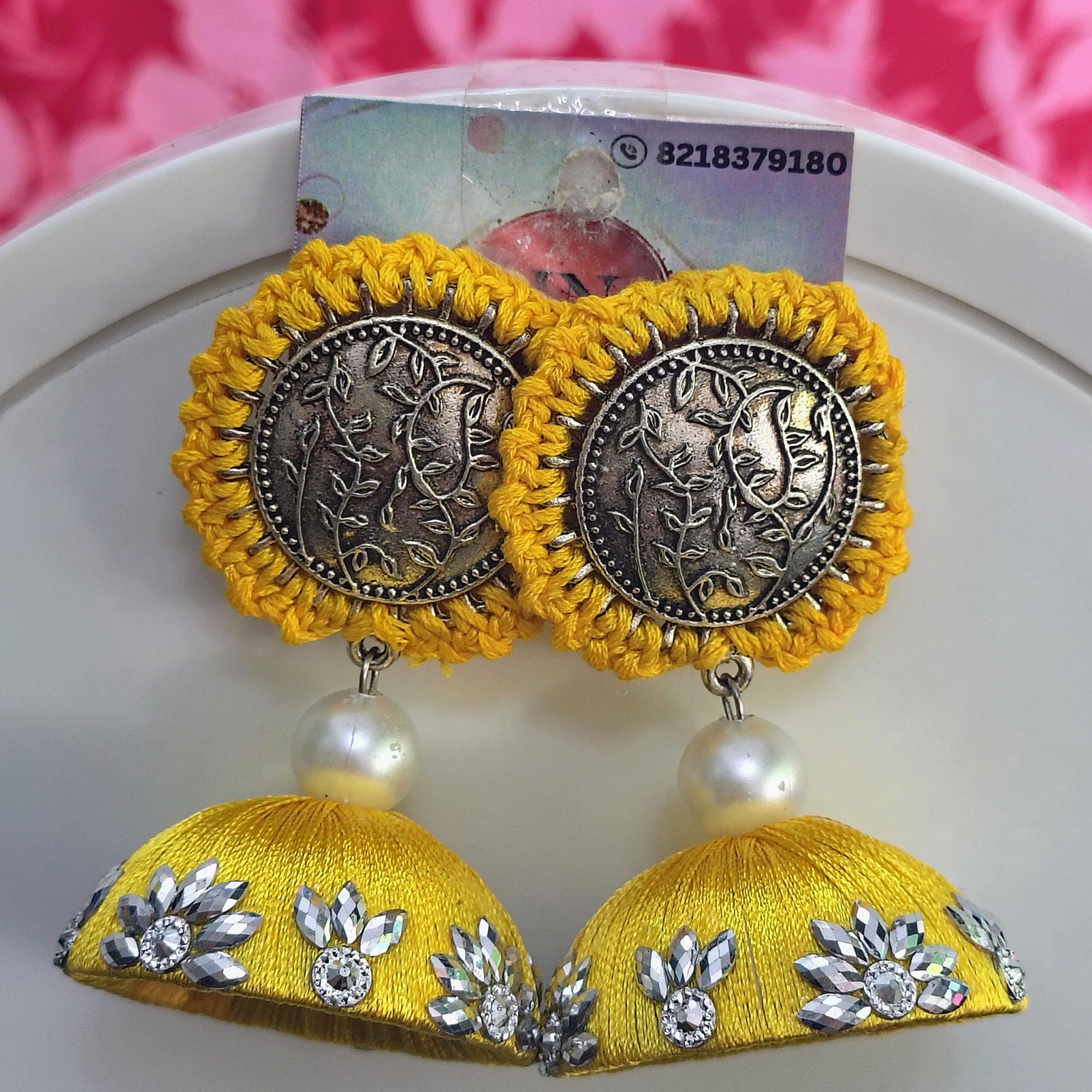 Golden Yellow designerWork Silk Thread Jhumka Earrings with Antique Coin Studs & Pearl Accent - Image 3