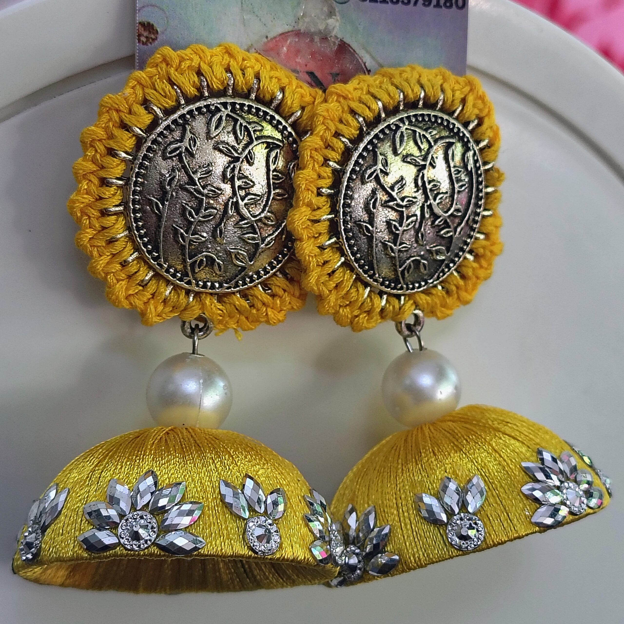 Golden Yellow designerWork Silk Thread Jhumka Earrings with Antique Coin Studs & Pearl Accent - Image 2