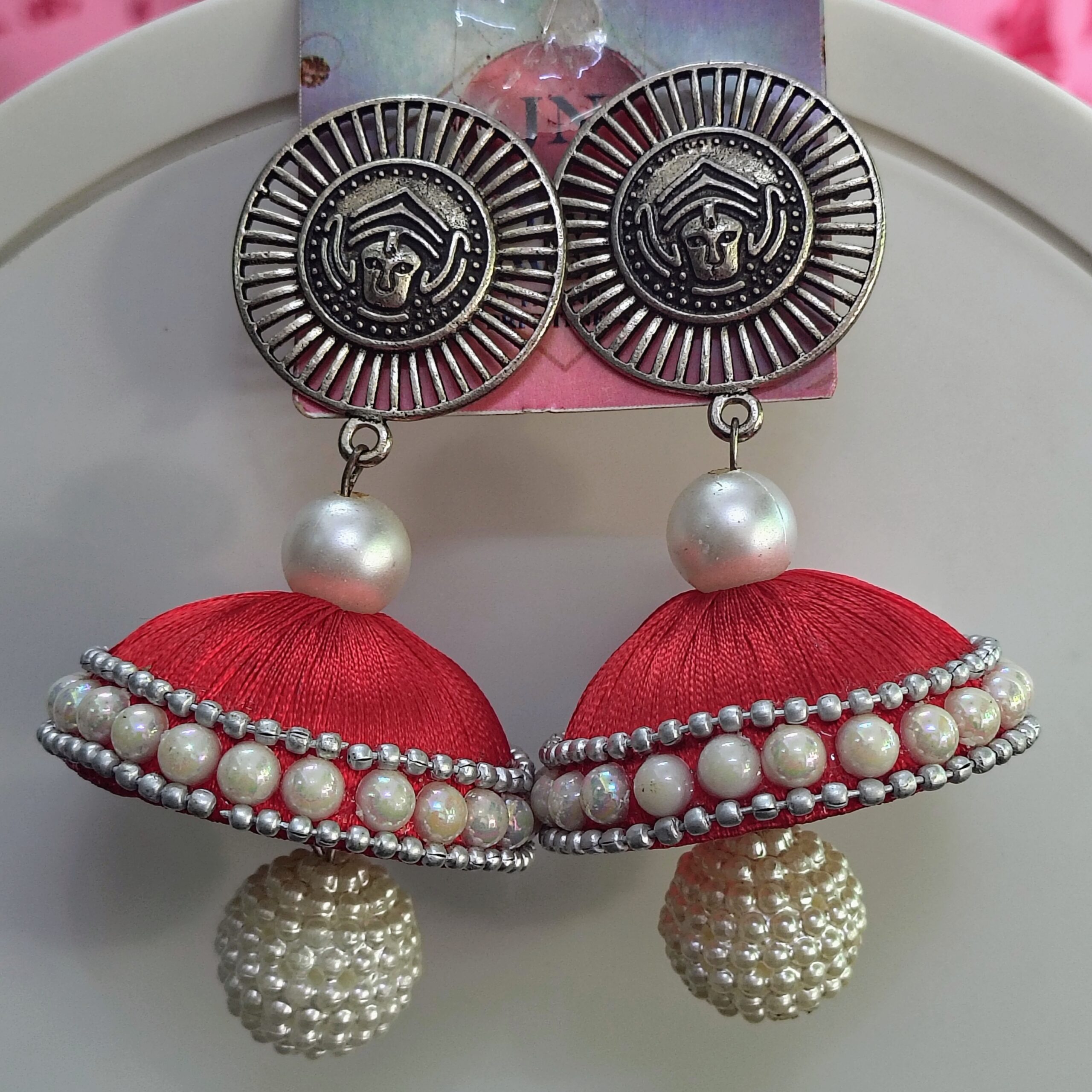 Red Silk Thread Jhumka Earrings with Pearl Beads & Oxidized Silver Stud - Image 3
