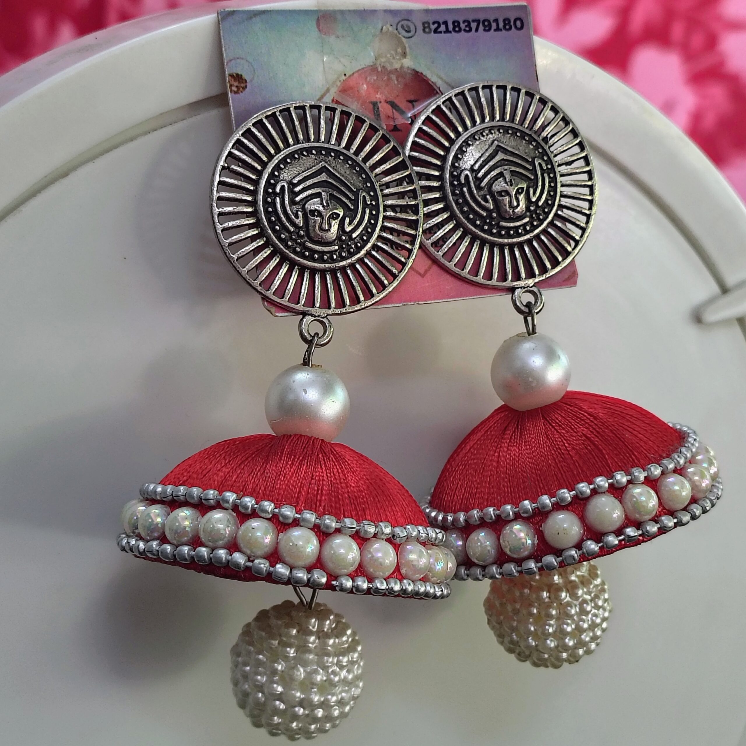Red Silk Thread Jhumka Earrings with Pearl Beads & Oxidized Silver Stud