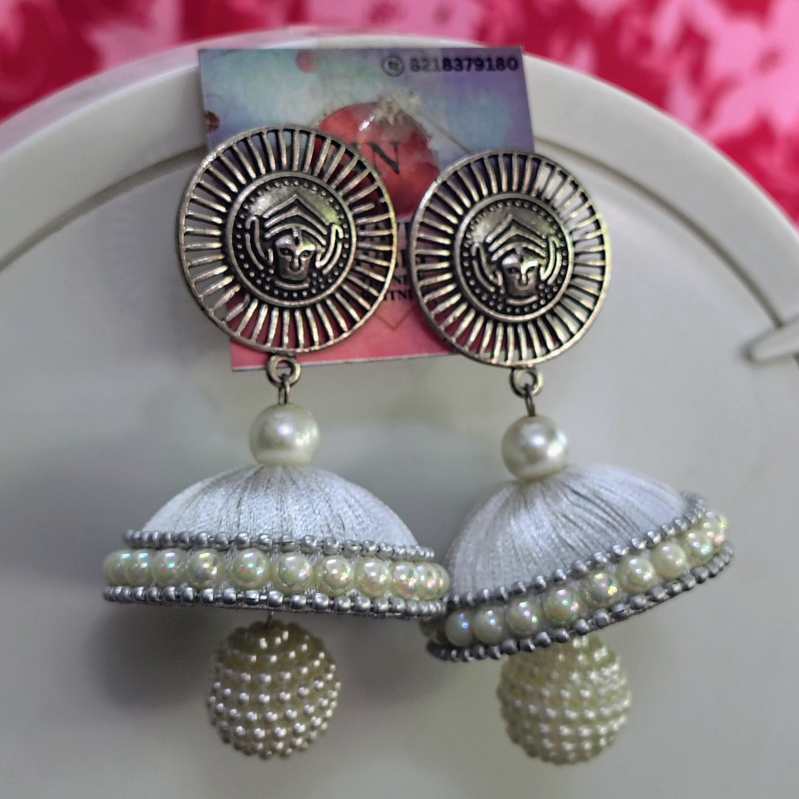 Red Silk Thread Jhumka Earrings with Pearl Beads & Oxidized Silver Stud - Image 2